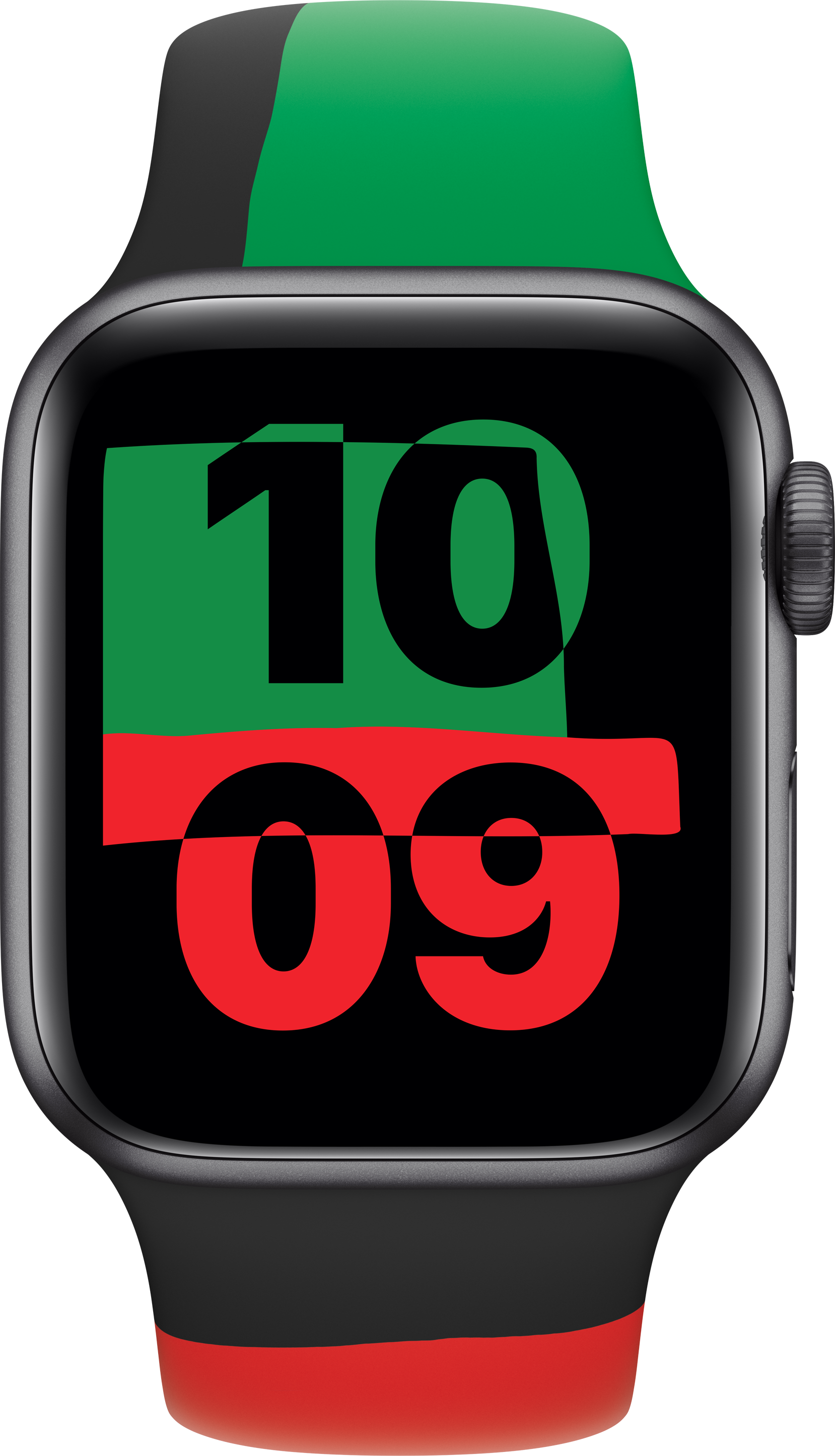 Apple Watch mit schwarzem Armband und rotem und grünem Zifferblatt.