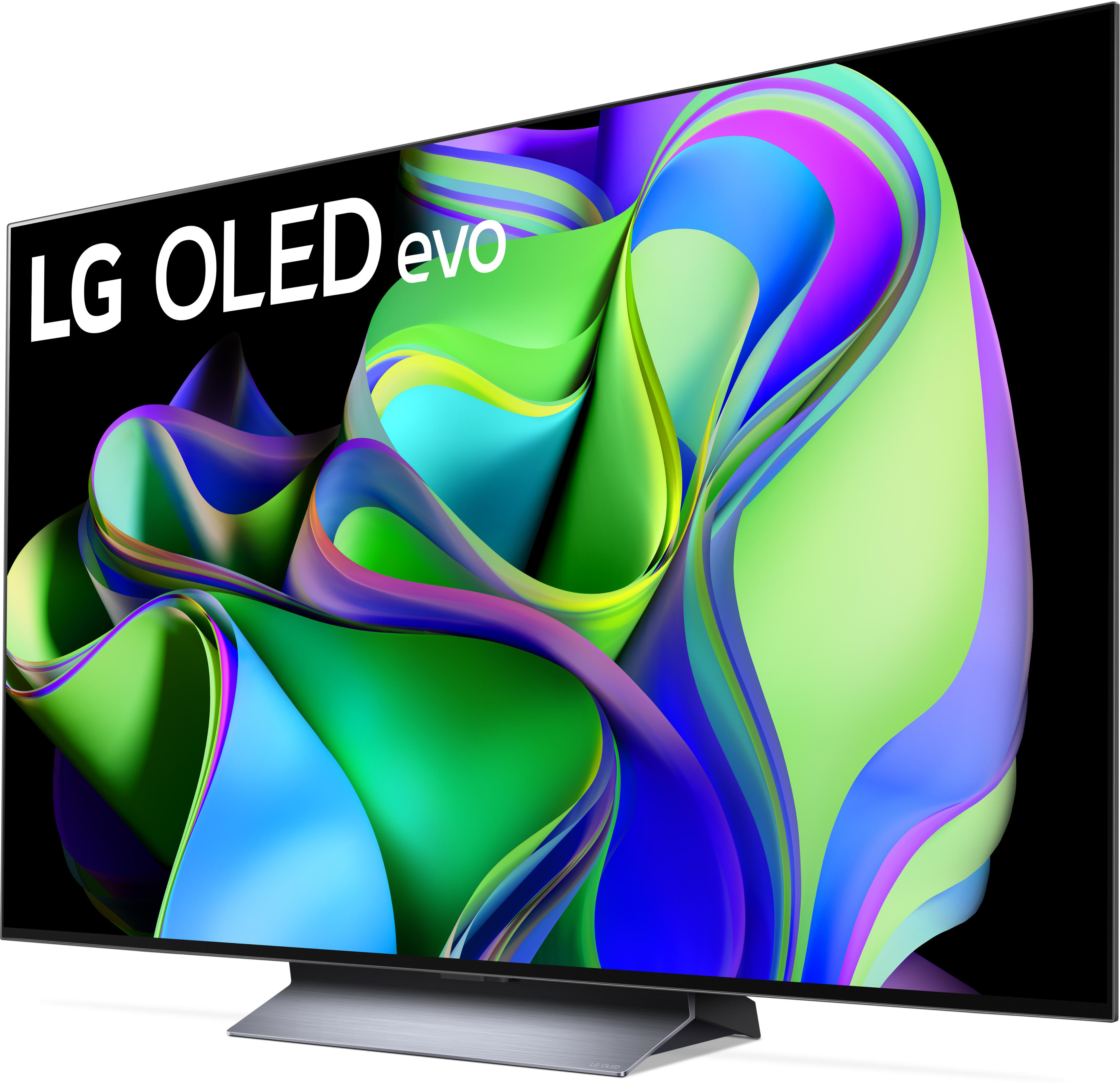 LG OLED evo TV zeigt bunte abstrakte Kunst und einen schwarzen Bildschirm.