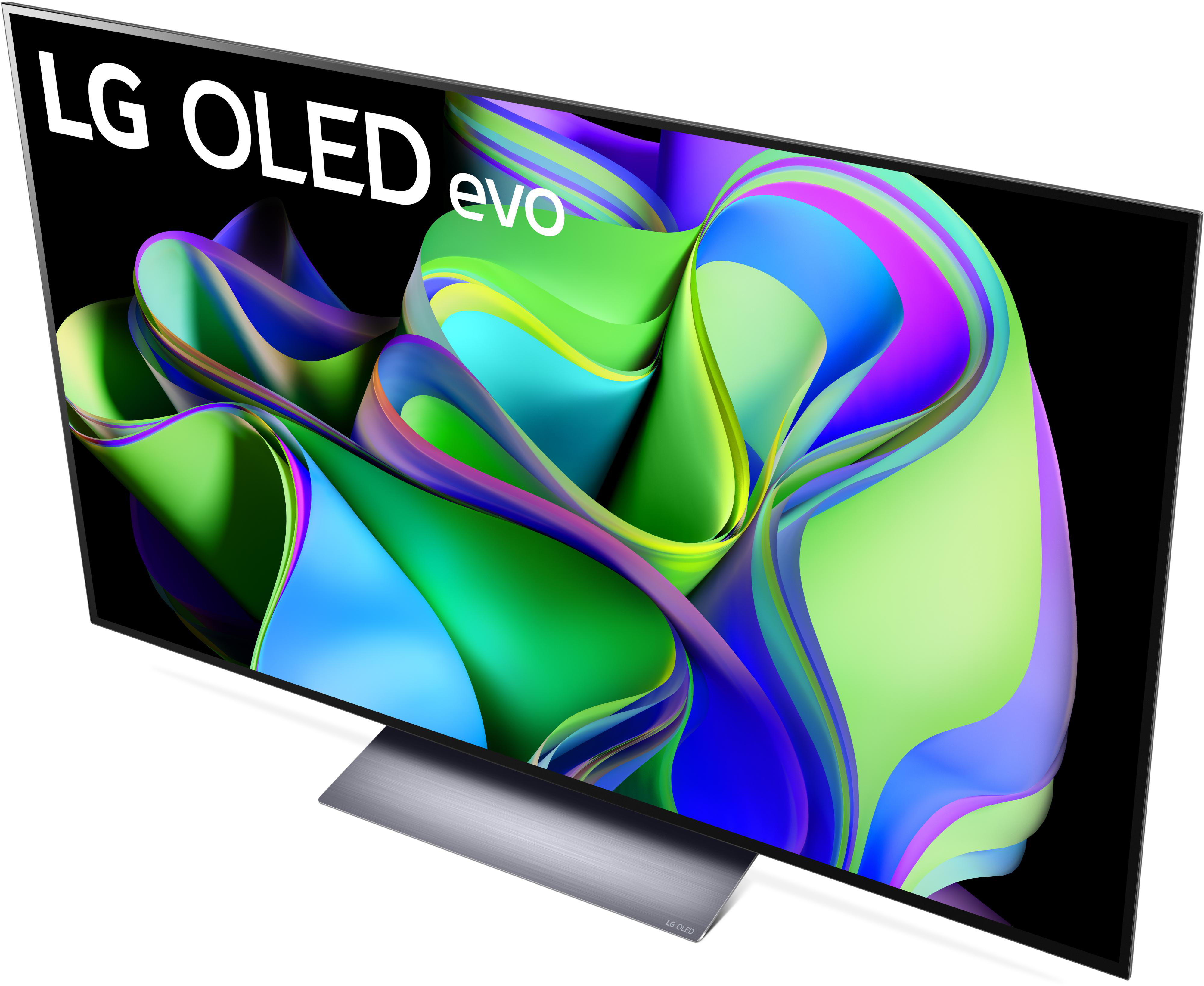 LG OLED evo TV. Der Bildschirm zeigt ein farbenfrohes, abstraktes Design auf weißem Hintergrund.