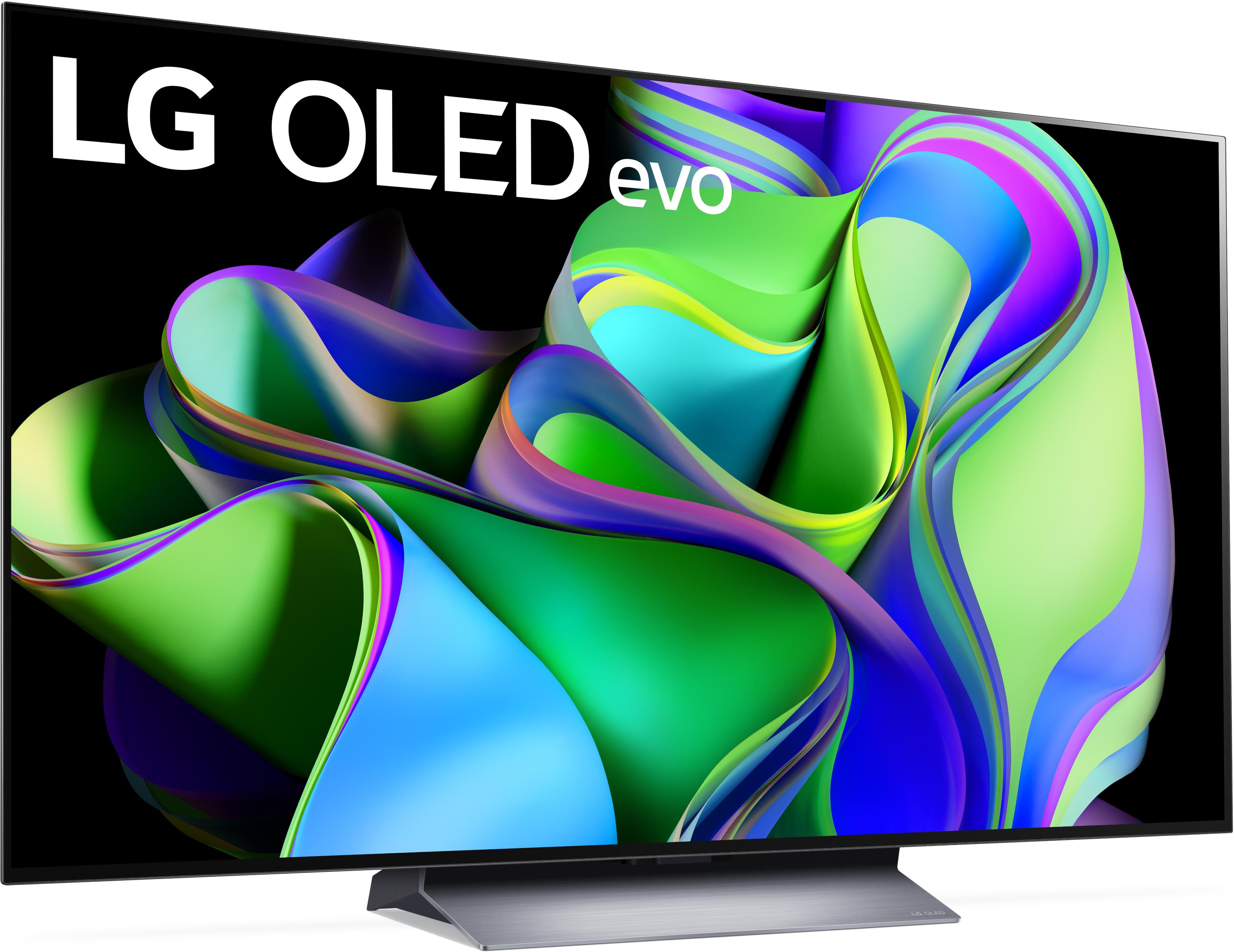 Ein großer LG OLED evo Fernseher zeigt ein farbenfrohes abstraktes Design vor schwarzem Hintergrund.
