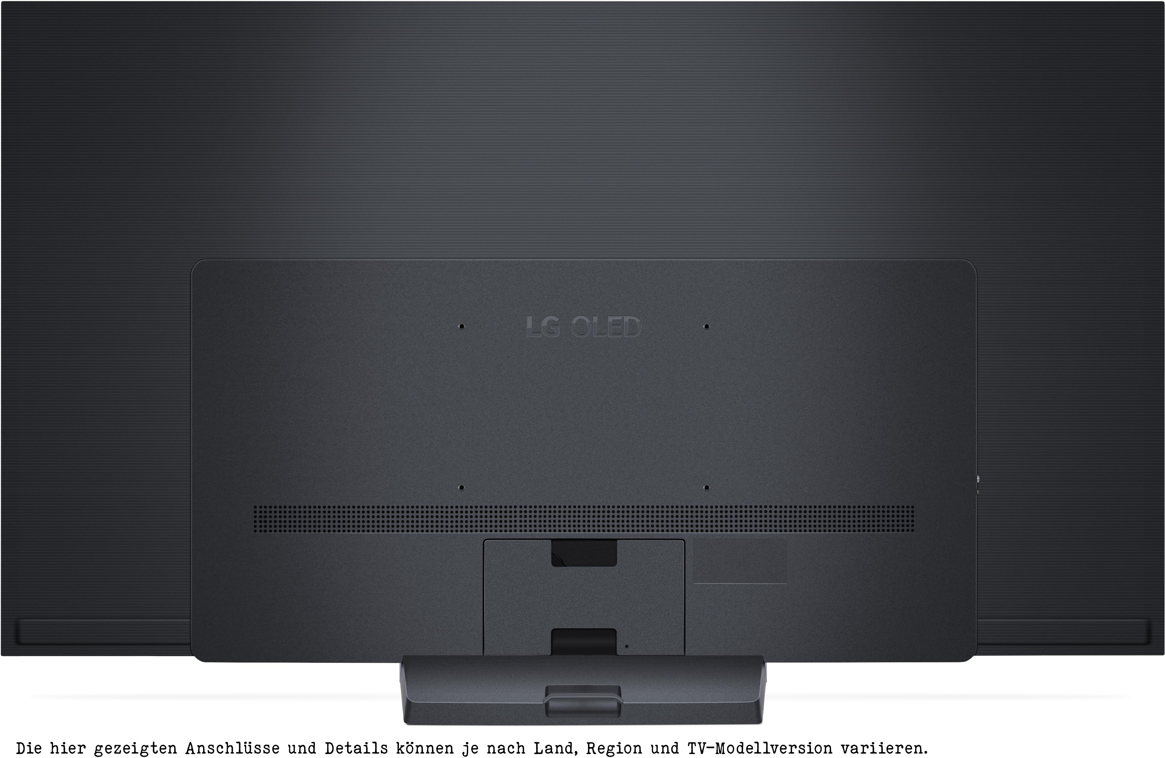 Rückansicht eines schwarzen LG OLED TVs mit LG OLED Logo.