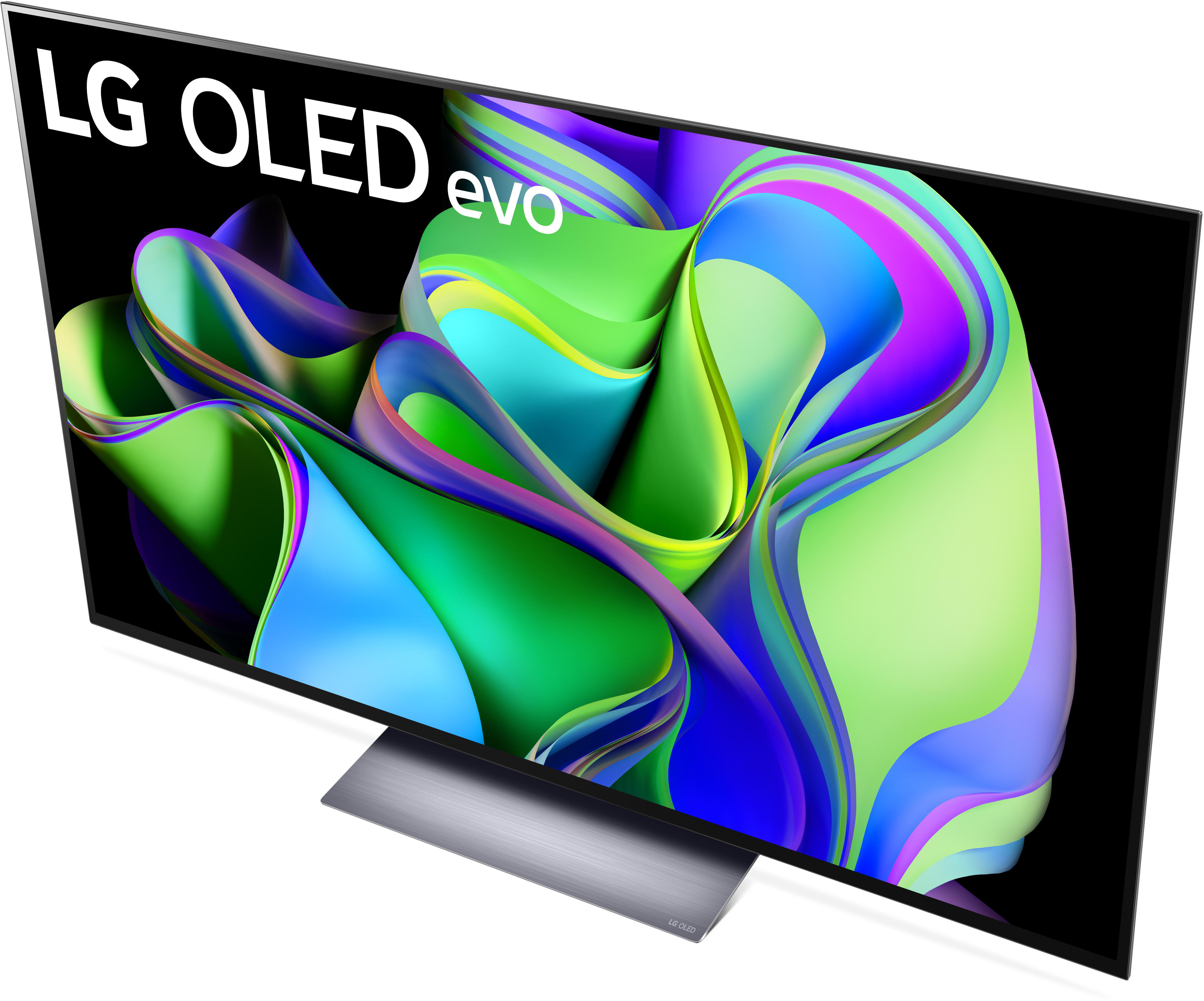 Ein großer LG OLED evo TV, angewinkelt, zeigt farbenfrohe abstrakte Formen auf schwarzem Bildschirm.