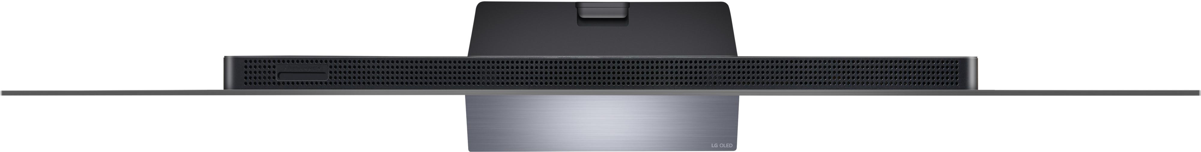 Ein schwarzer Fernseher mit silbernem Ständer, von oben betrachtet, zeigt das Design.