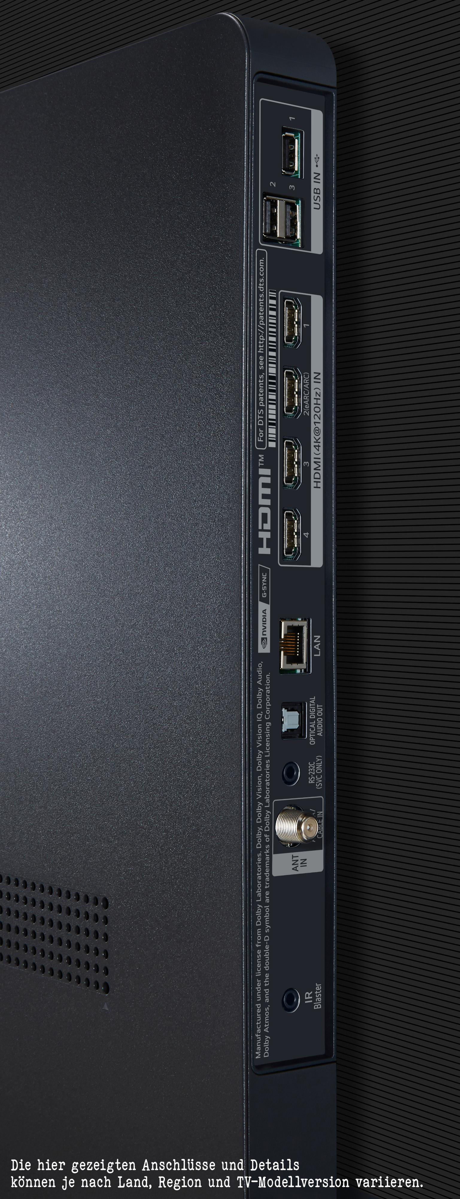 Rückseite eines schwarzen Fernsehers mit Anschlüssen wie HDMI, LAN und USB, mit einem Label.