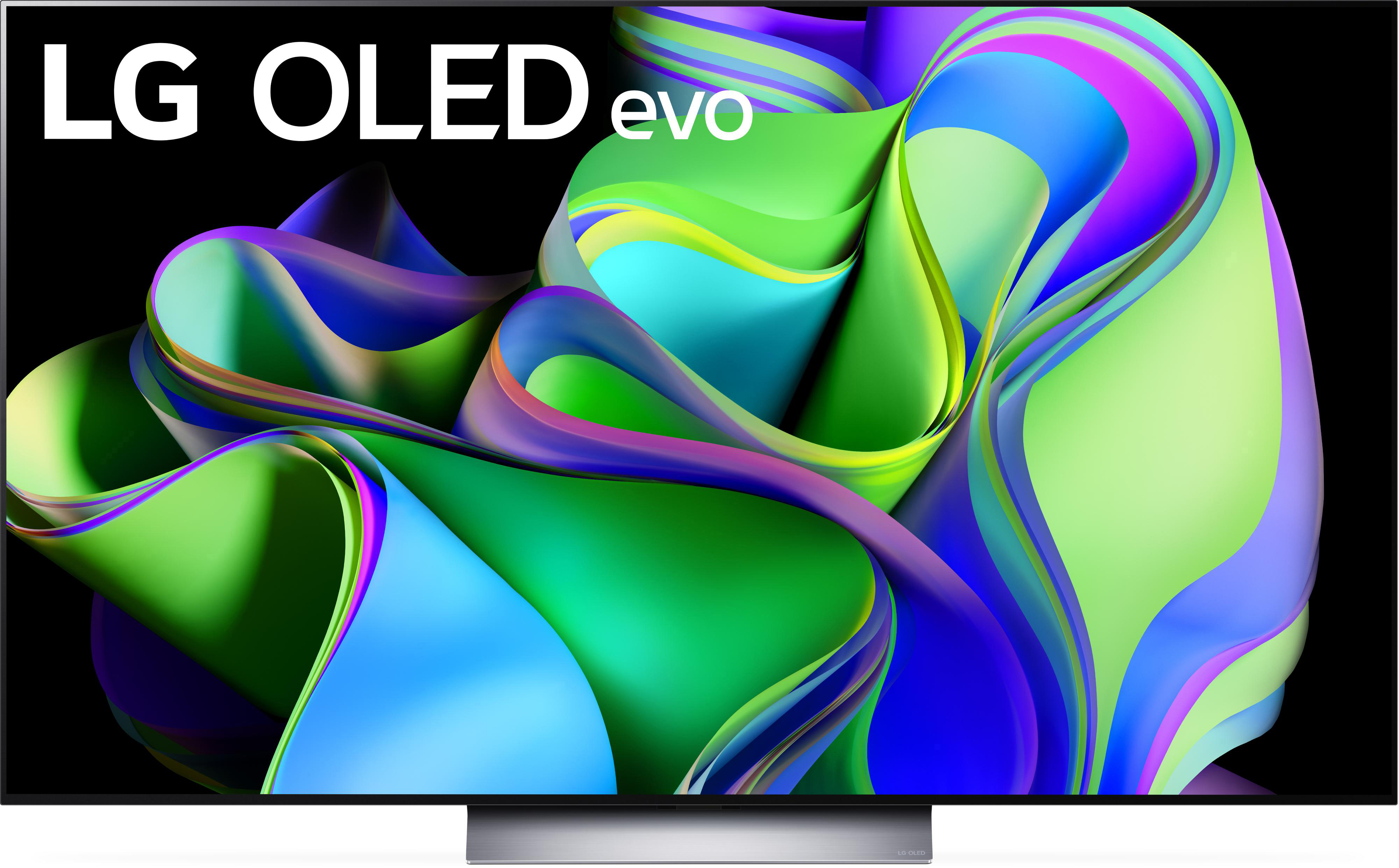 LG OLED evo TV auf schwarzem Hintergrund. Es zeigt ein farbenfrohes, abstraktes Design in Grün, Lila und Blau.
