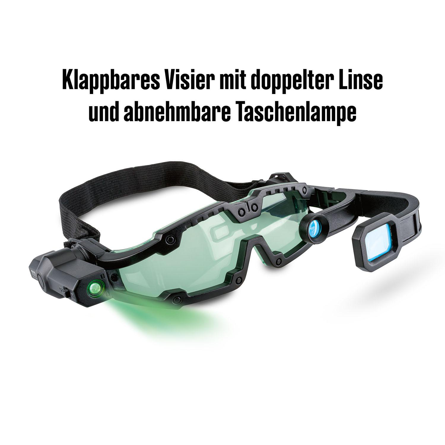 Schwarze Brille mit klaren Gläsern und kleinem Licht, schwarzes Kopfband, auf weißem Grund.