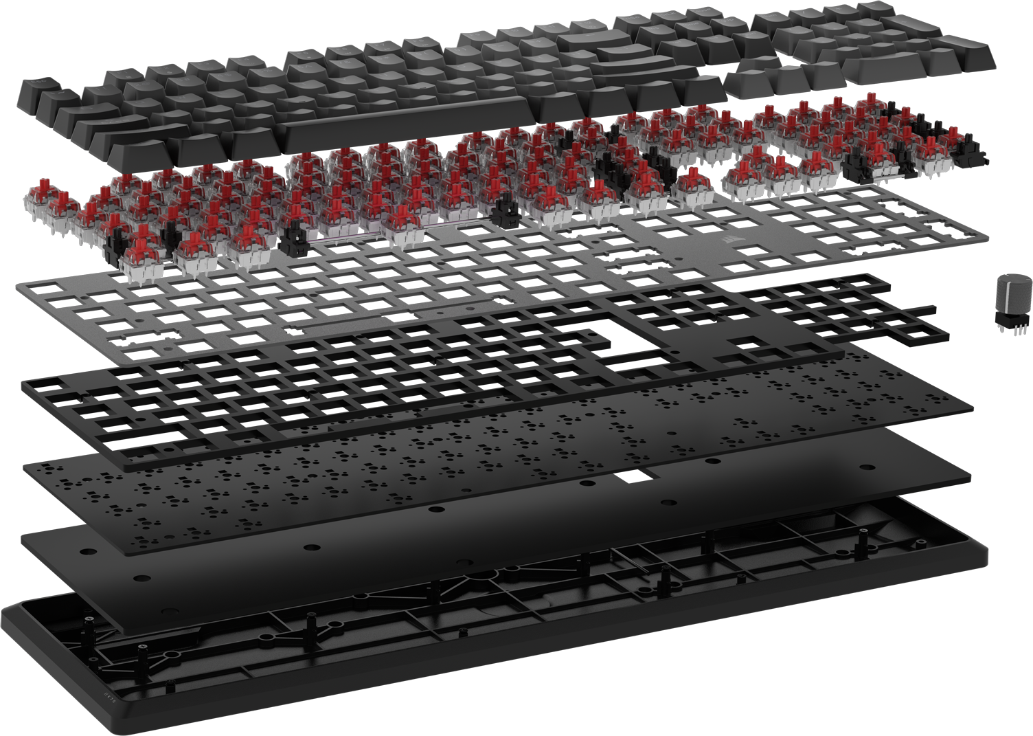 Explodierte Ansicht der Tastatur, die Schichten von Tasten, Schaltern und Komponenten zeigt.