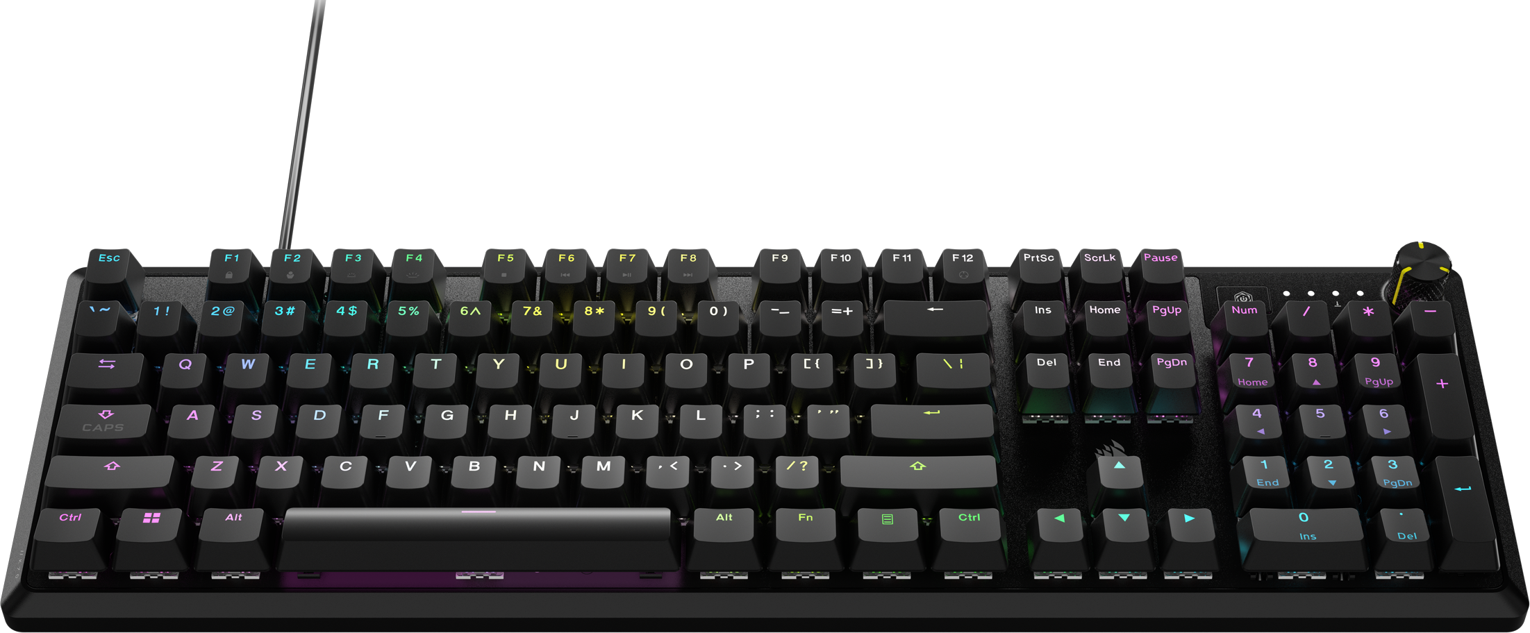 Schwarze Tastatur mit bunten Tasten. Hat einen langen Balken am unteren Rand.