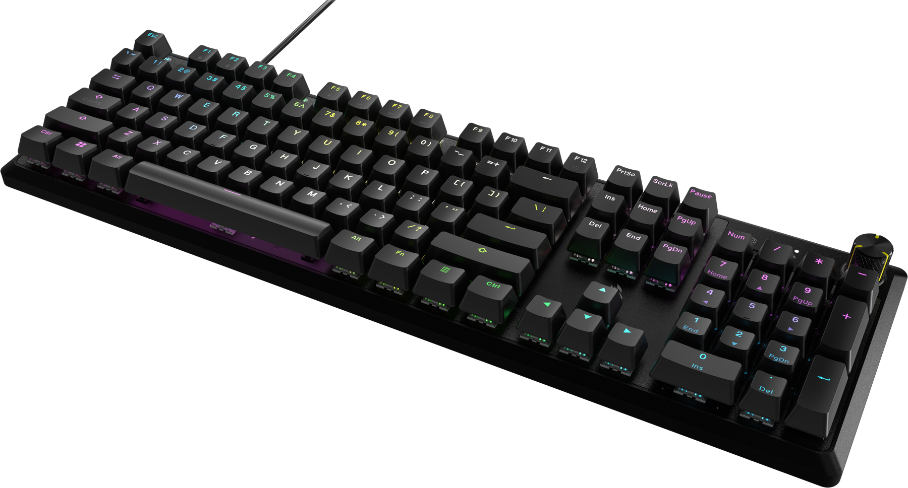 Schwarze Tastatur mit beleuchteten Tasten, schräge Ansicht auf schwarzer Oberfläche, zeigt wenige Tasten.