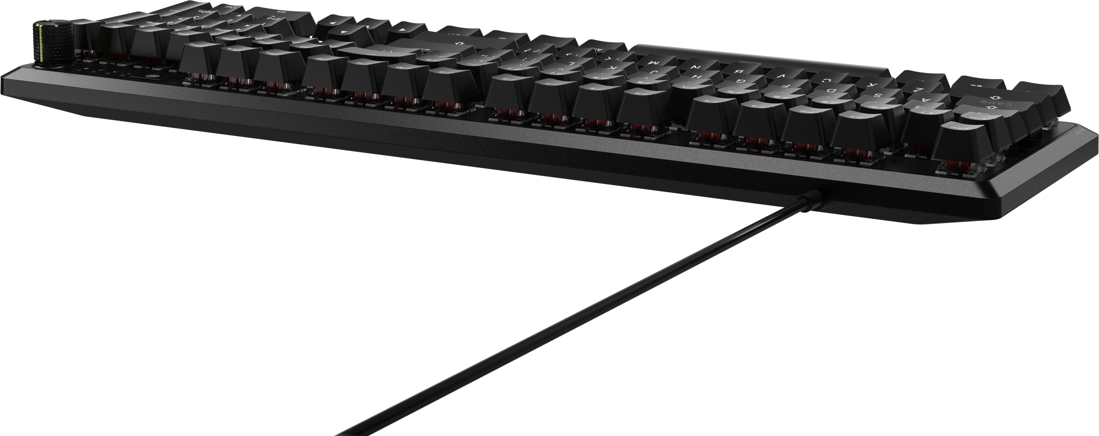 Schwarze Tastatur mit roten Tastenkappen. Die Tastatur ist vor schwarzem Hintergrund platziert.