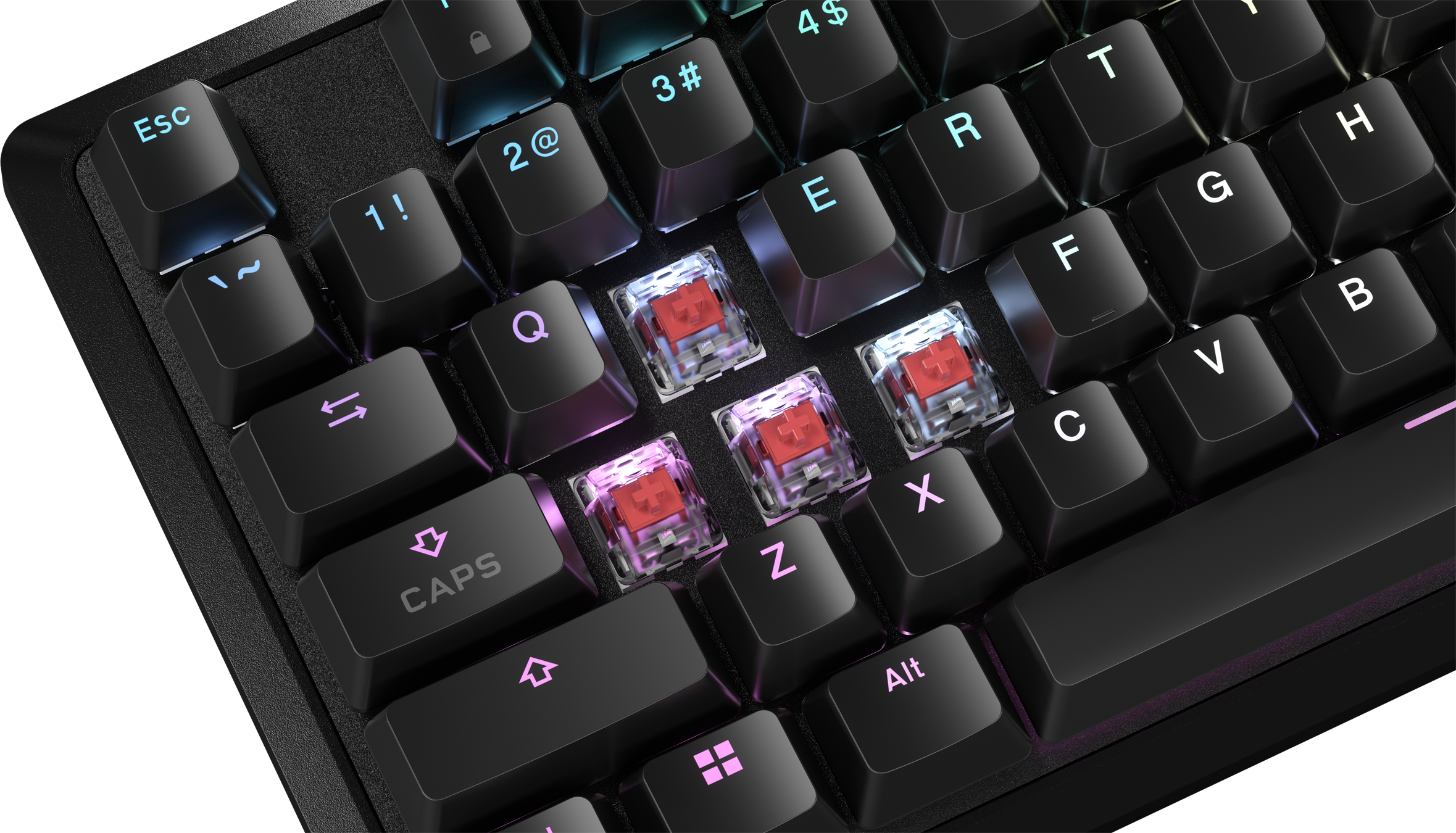 Nahaufnahme einer schwarzen Tastatur mit sichtbaren roten mechanischen Schaltern.
