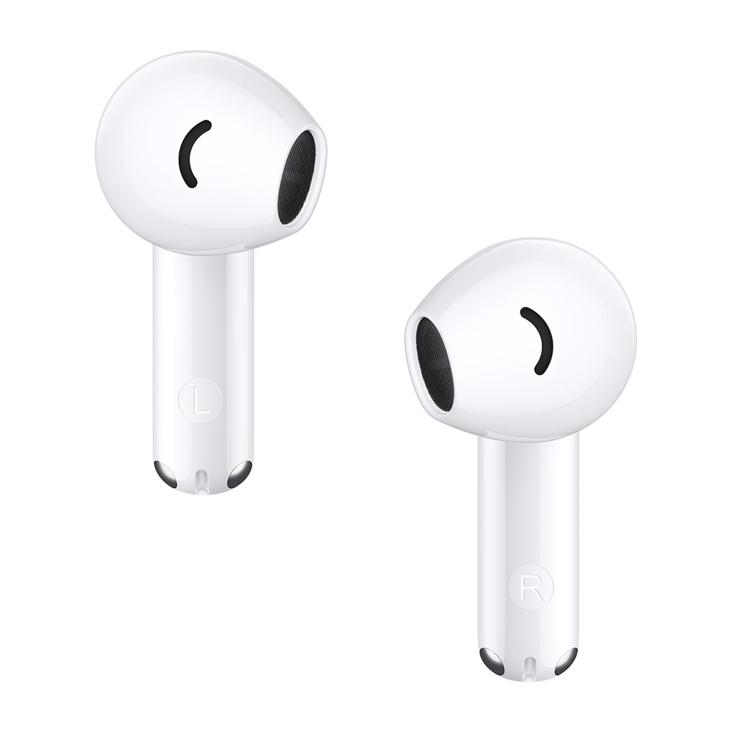 Due auricolari wireless bianchi con coperture per altoparlanti in rete nera. Sfondo bianco.