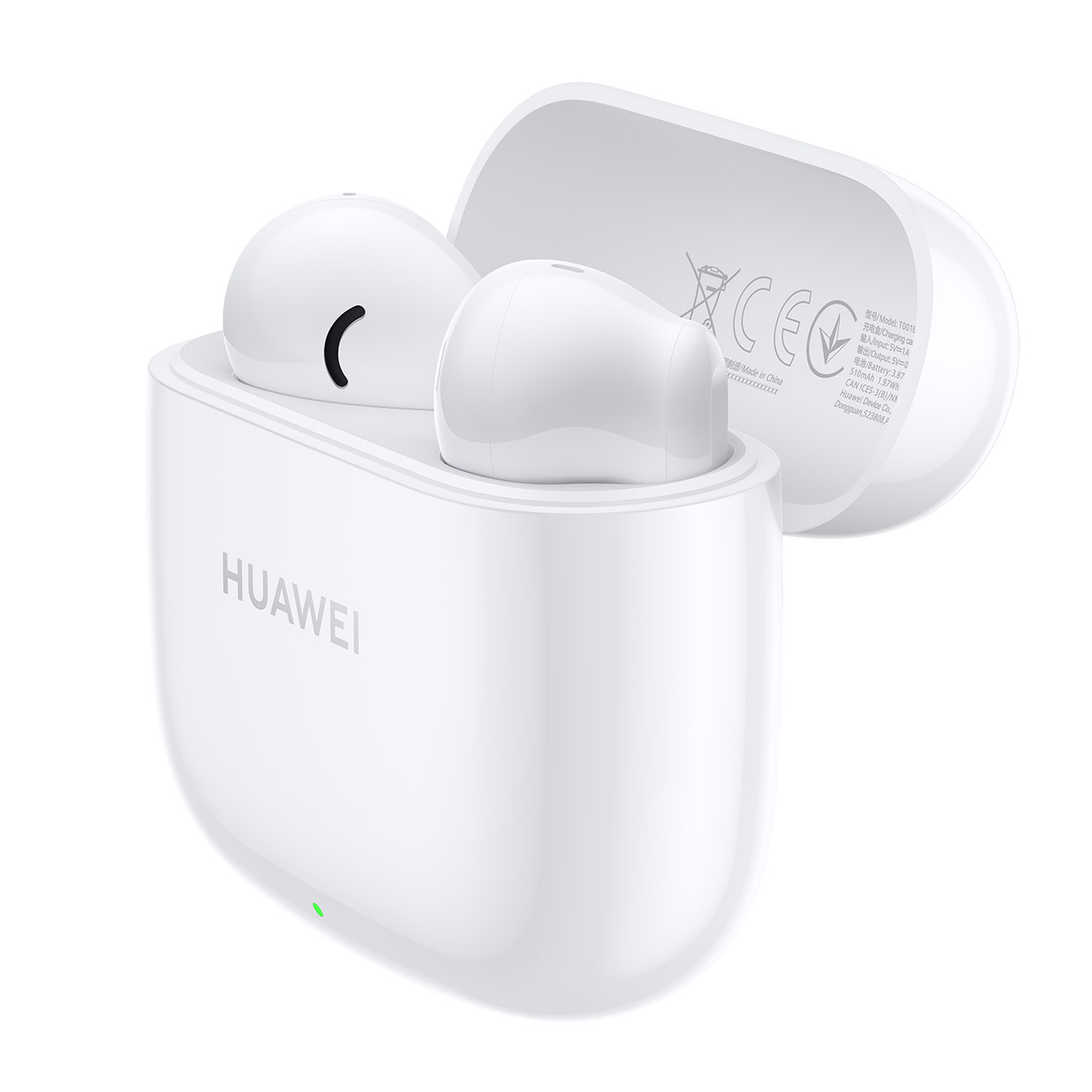 Auricolari Huawei bianchi con custodia. Un auricolare è fuori dalla custodia.