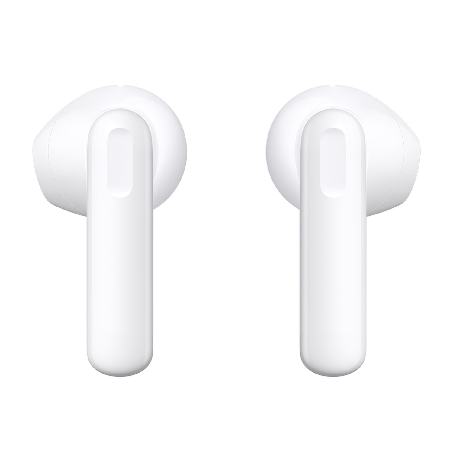 Due auricolari wireless bianchi su sfondo bianco.