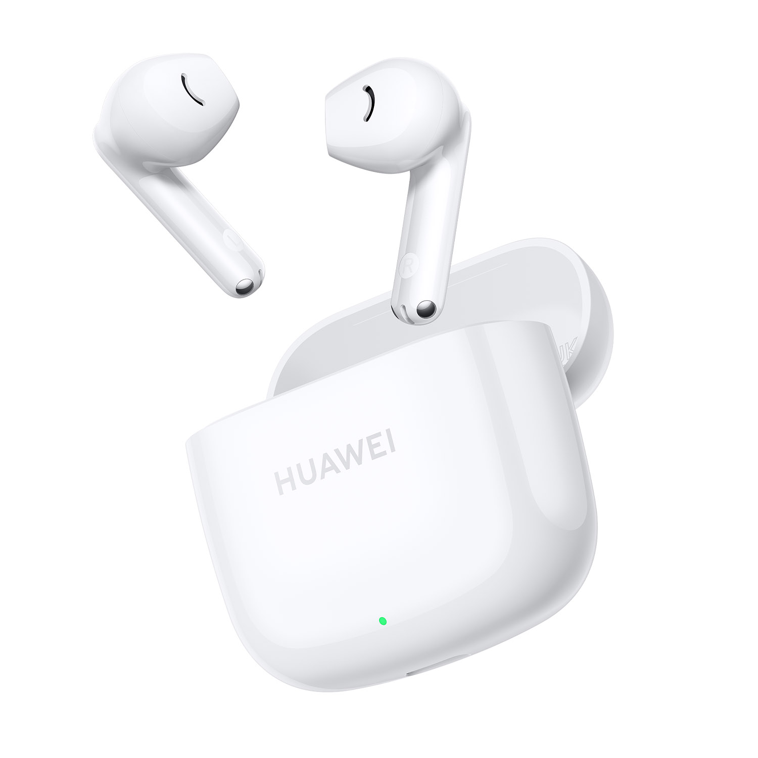 Auricolari Huawei bianchi e custodia di ricarica. Due auricolari sono fuori dalla custodia e uno dentro.