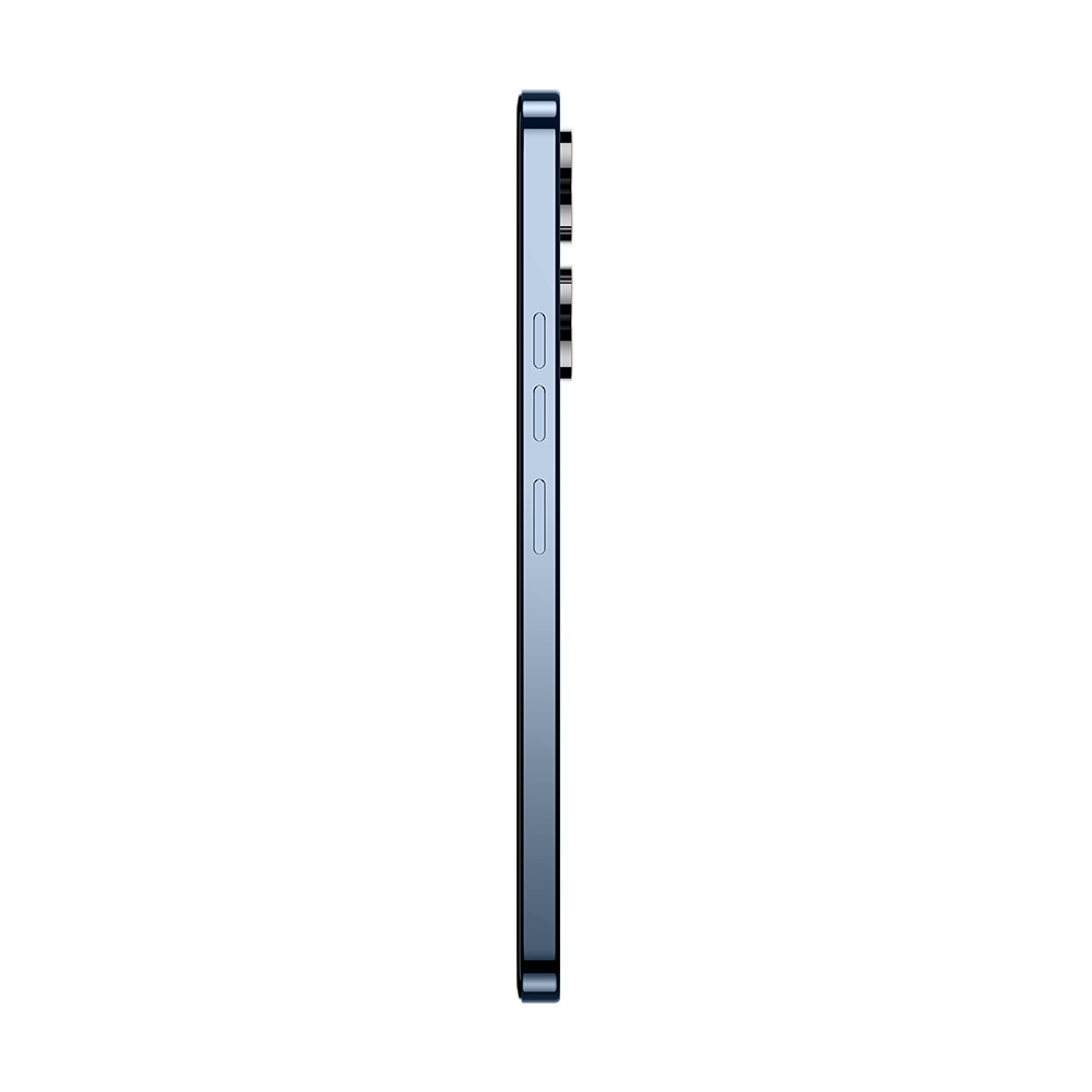Mavi bir iPhone'un üç kamera ve düğmeyle yan görünümü, beyaz üzerine izole edilmiş.