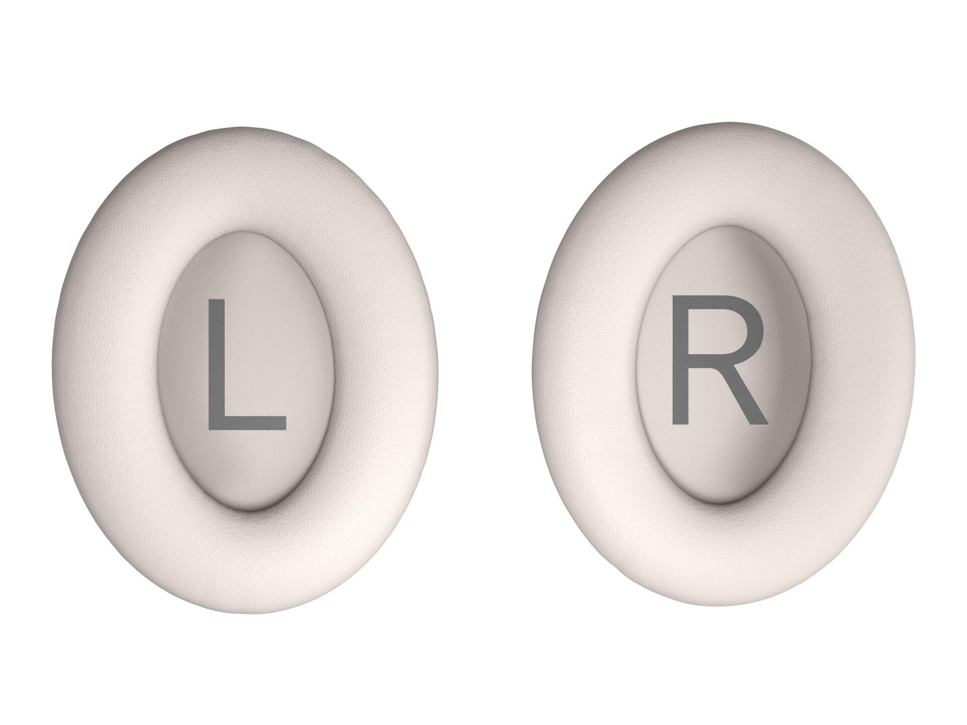 Zwei weiße Ohrpolster, mit 'L' und 'R' gekennzeichnet, auf weißem Hintergrund.