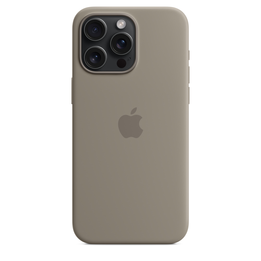 Un étui iPhone taupe avec trois objectifs d'appareil photo et un logo Apple. L'étui est lisse et le fond est blanc.