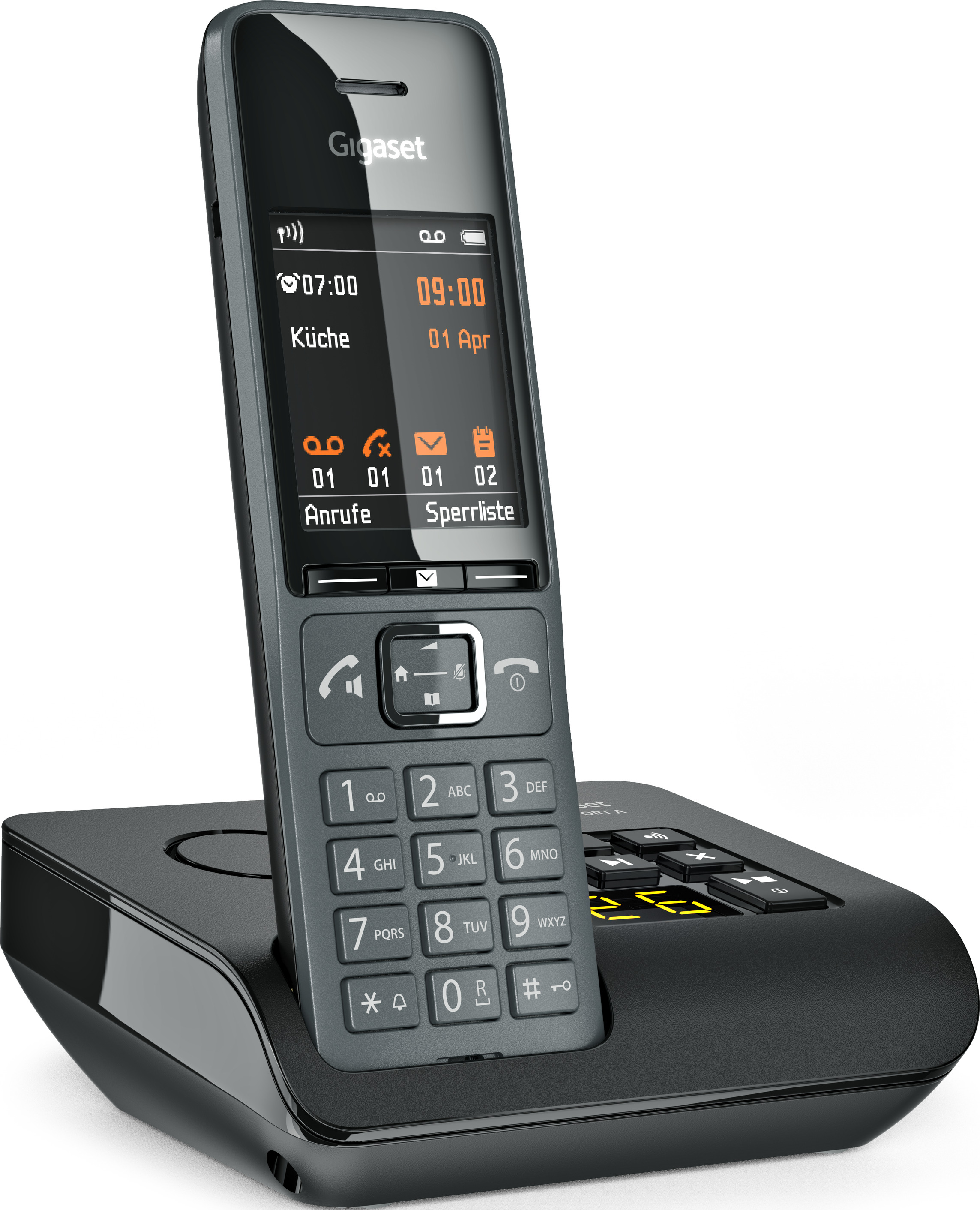 Schwarzes Gigaset-Telefon auf einer Basisstation, das einen Bildschirm anzeigt.