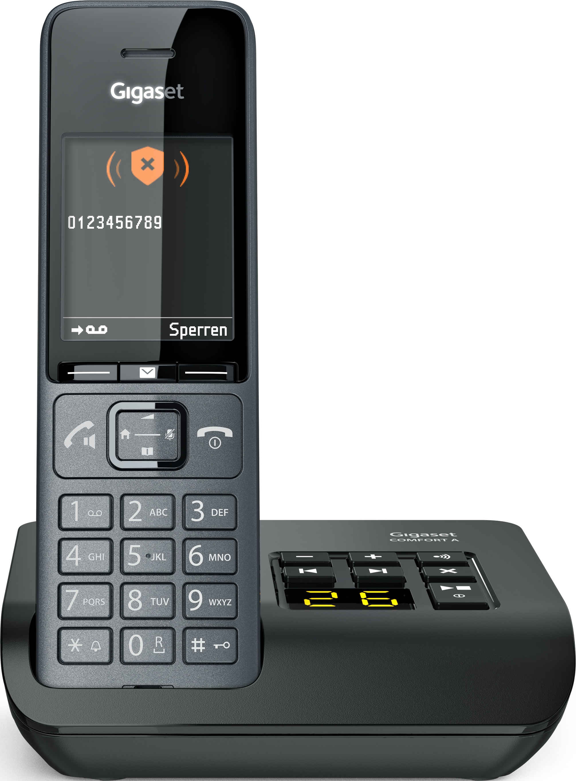 Schwarzes Telefon mit gesperrter Anrufbenachrichtigung, auf Basis platziert.