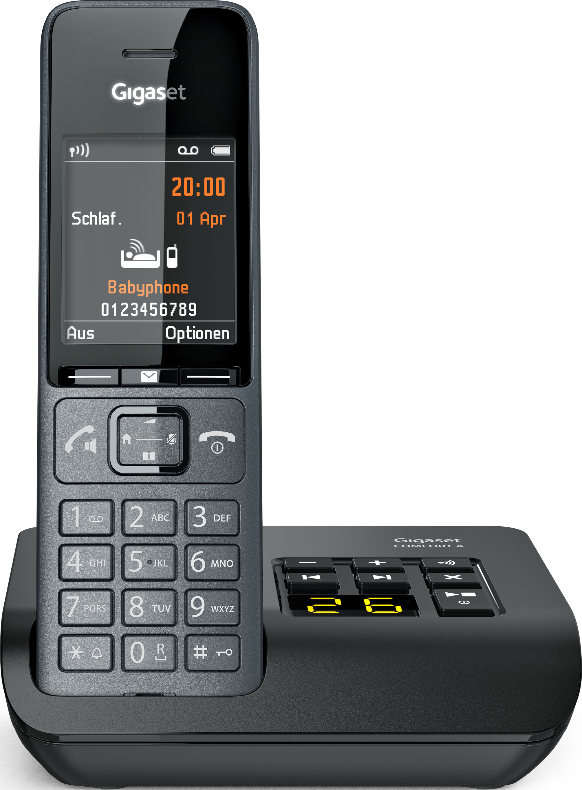 Gigaset Telefonbasis und -hörer. Das Mobilteil zeigt Uhrzeit und Telefonnummer auf dem Display.