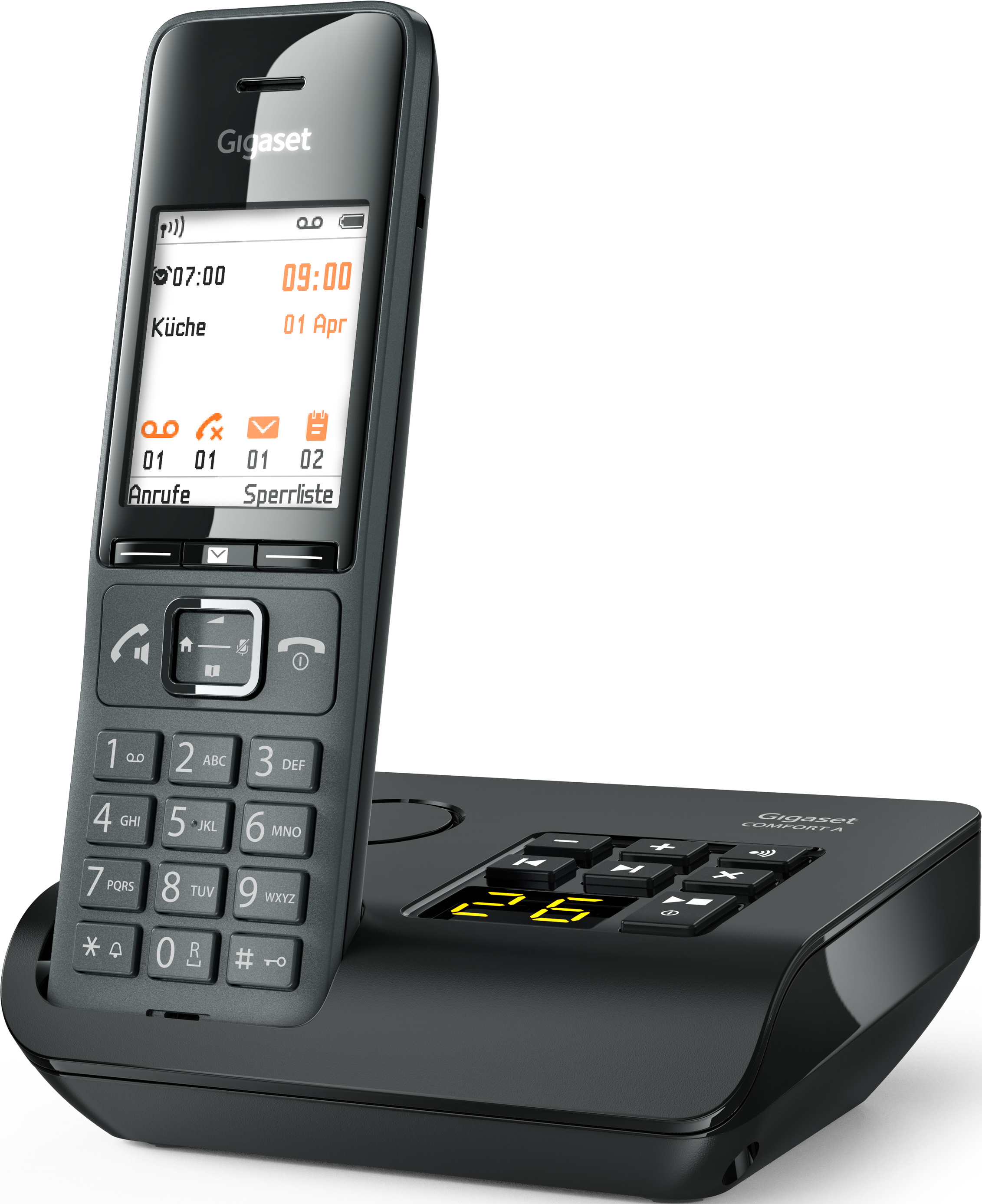 Schnurloses Gigaset-Telefon auf seiner Basis, zeigt Datum, Uhrzeit und Anrufinformationen.