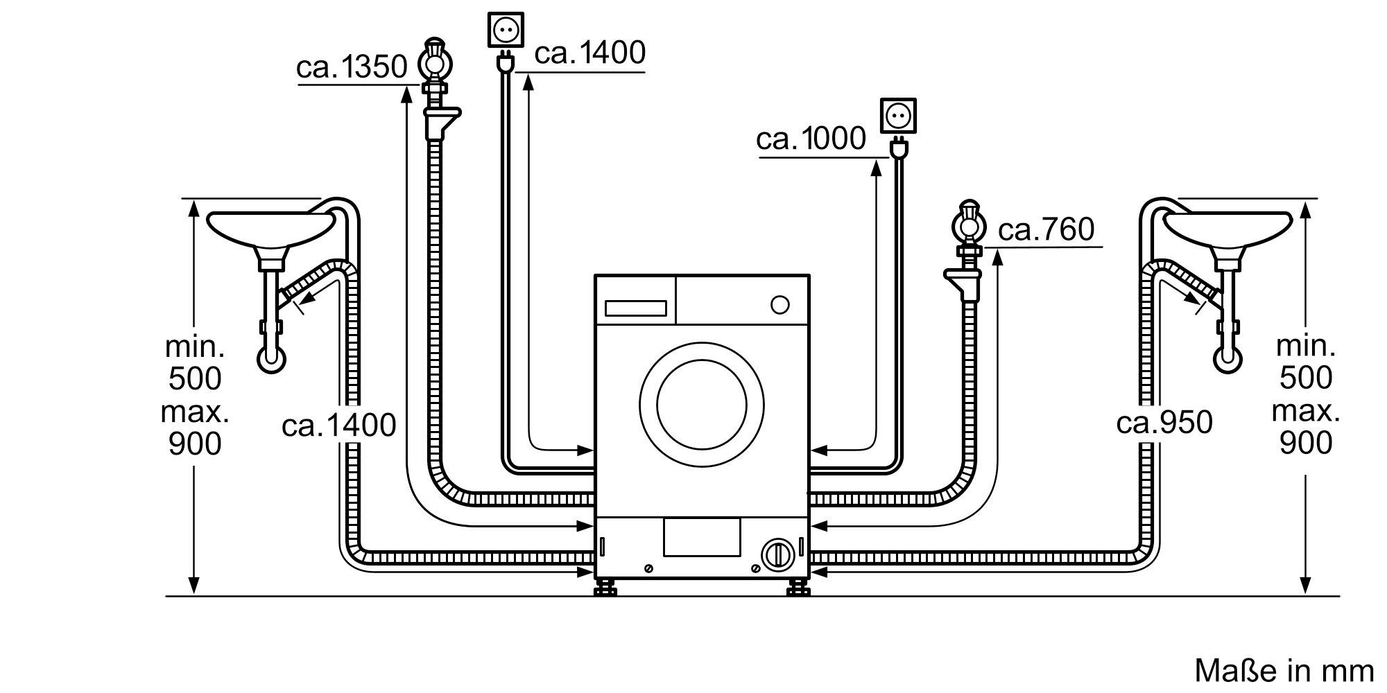 Diagramm einer Waschmaschine mit Wasseranschlüssen und Abmessungen in Millimetern, mit Höhen- und Breitenangaben.