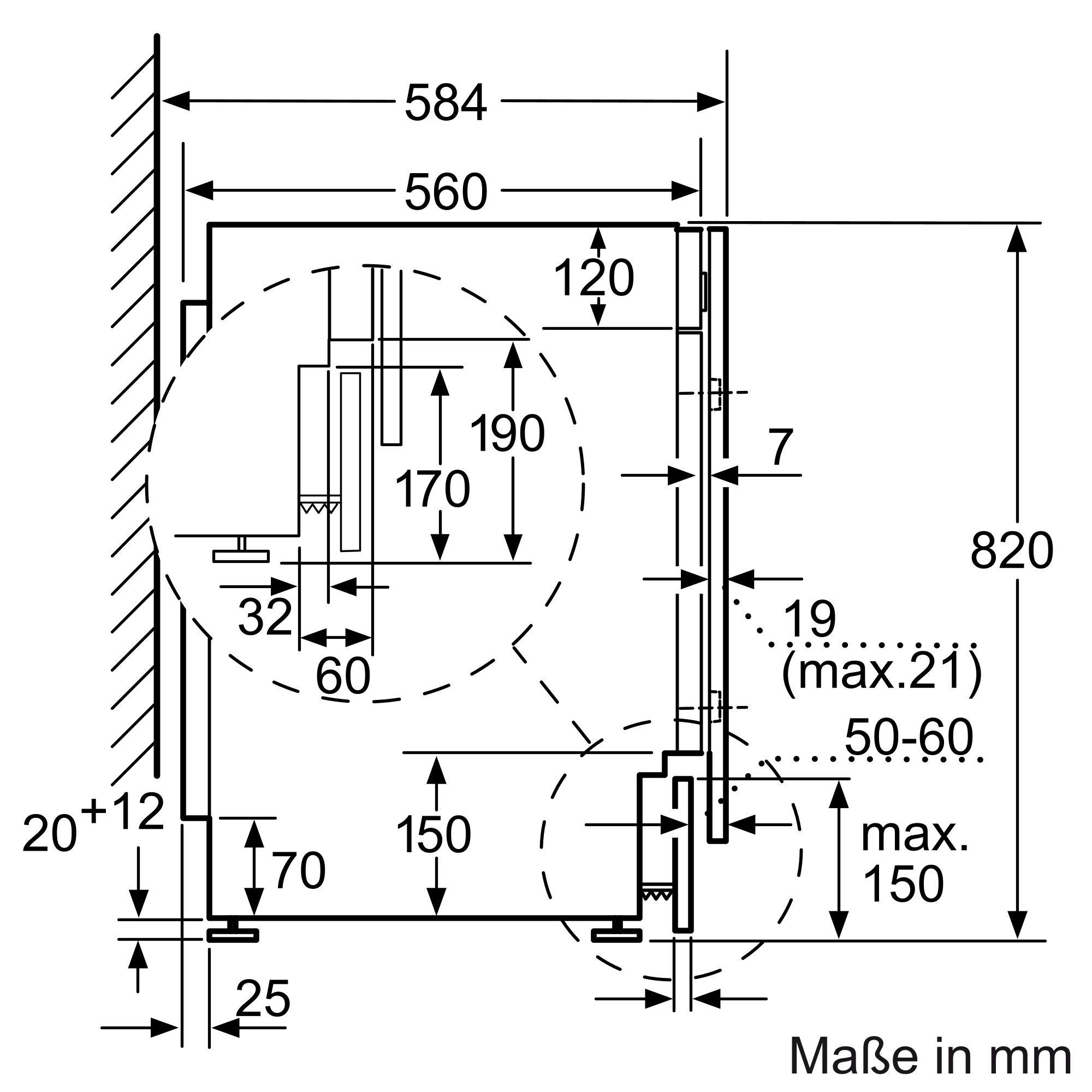 Diagramm mit Maßen in mm. Zeigt eine Seitenansicht mit den Maßen 584, 560, 120, 190, 170, 32, 60, 150, 70, 25, 820, 19, 50-60 und 150.