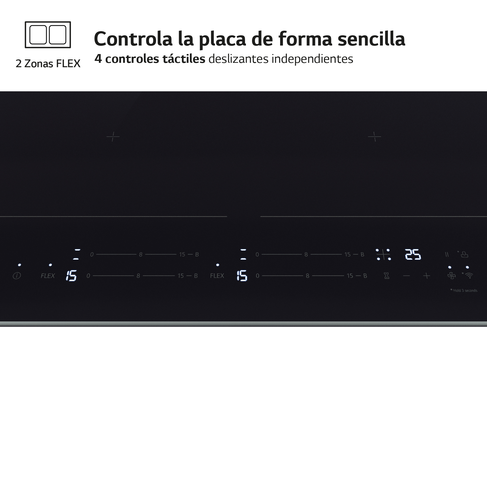 Placa de inducción negra con dos zonas de cocción, pantallas digitales y controles táctiles. Texto en español.