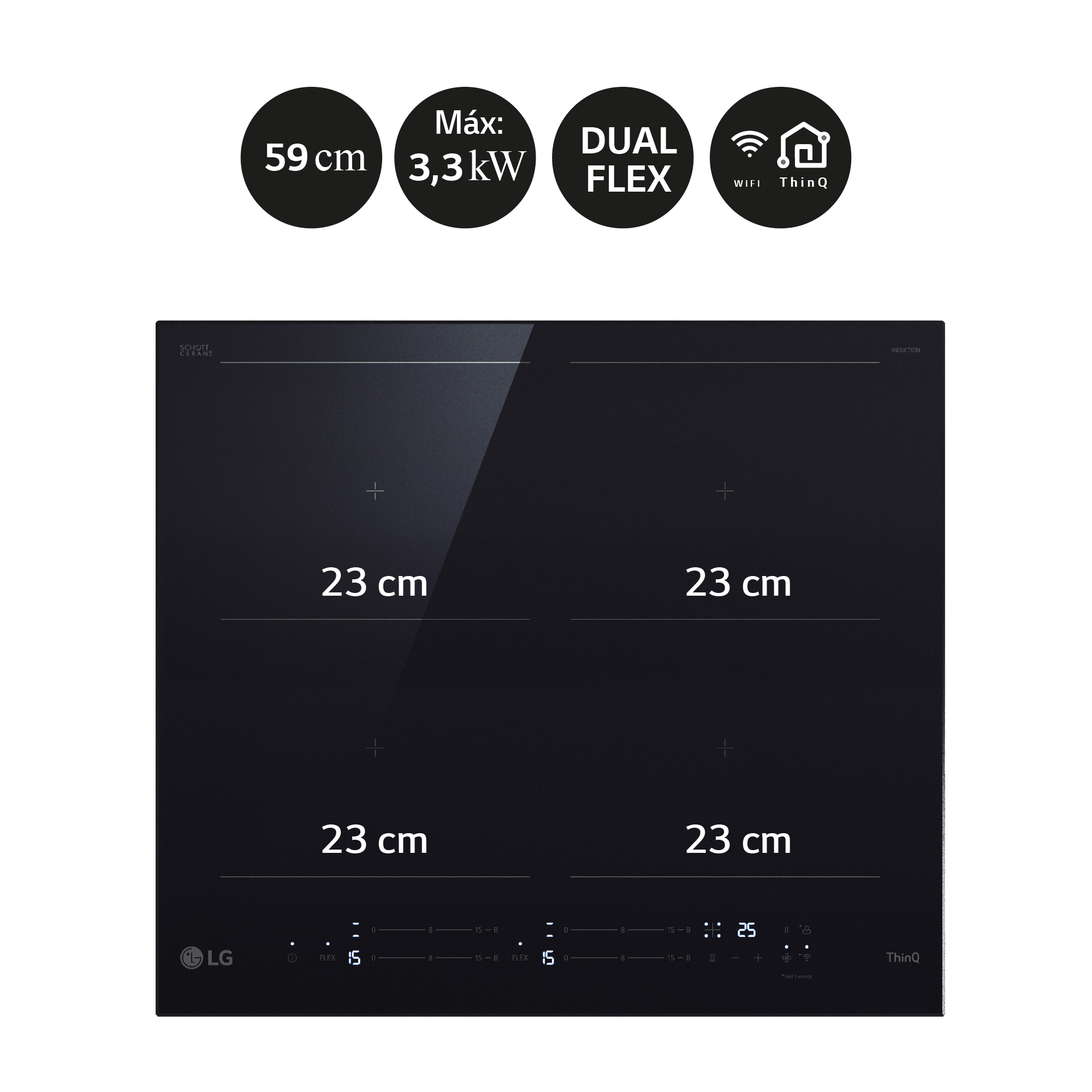 Una placa de inducción negra con cuatro zonas de cocción etiquetadas con dimensiones, iconos arriba.
