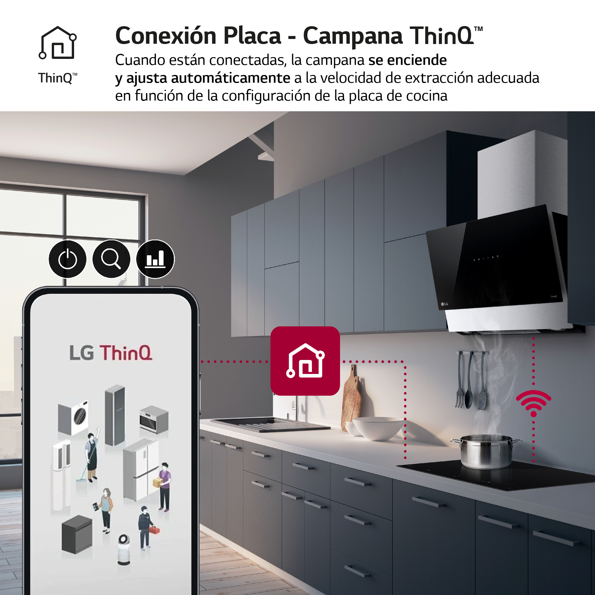 Escena de cocina con integración de hogar inteligente, teléfono mostrando la app LG Thinq.