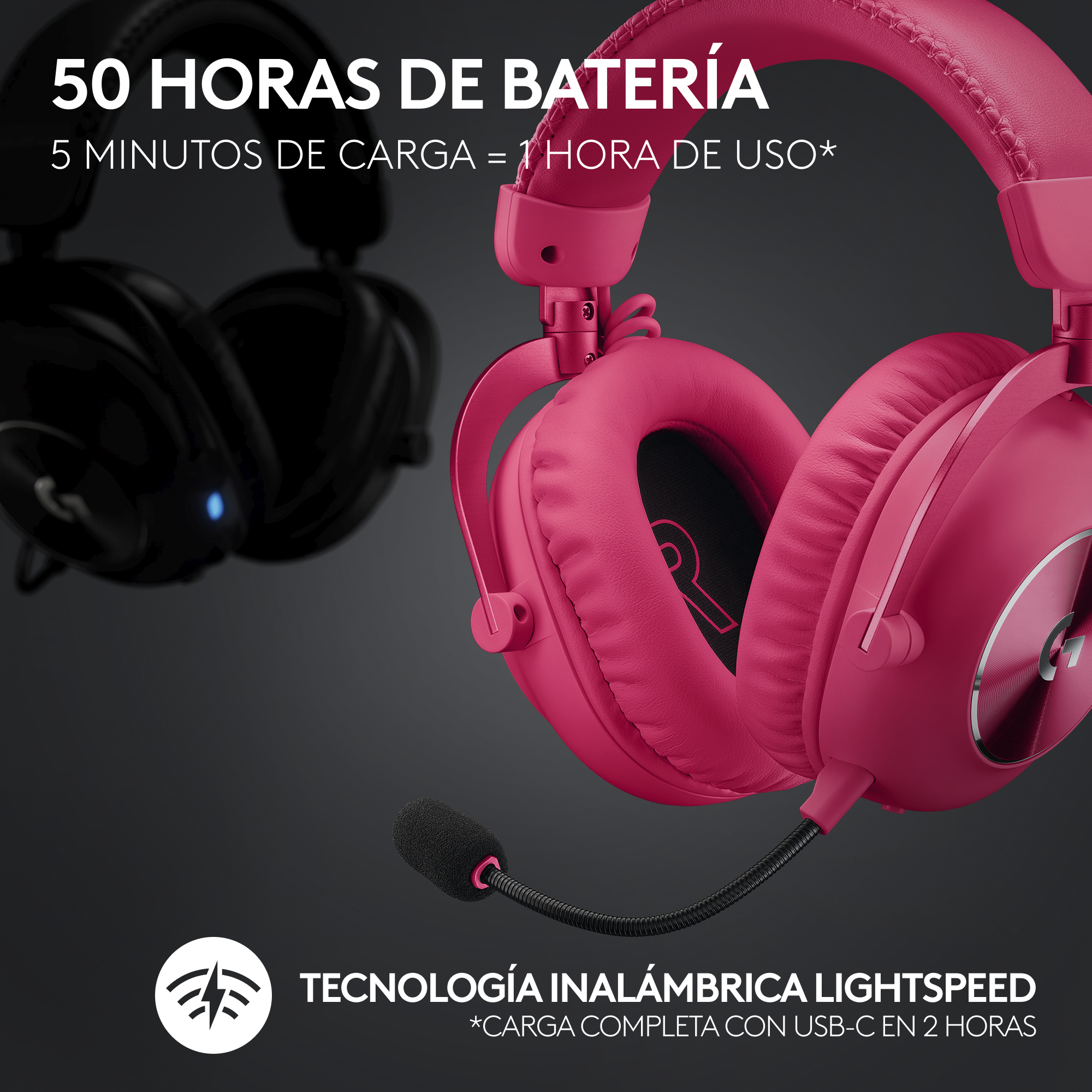 Auriculares rosas con micrófono negro. El texto menciona 50 horas de duración de la batería.