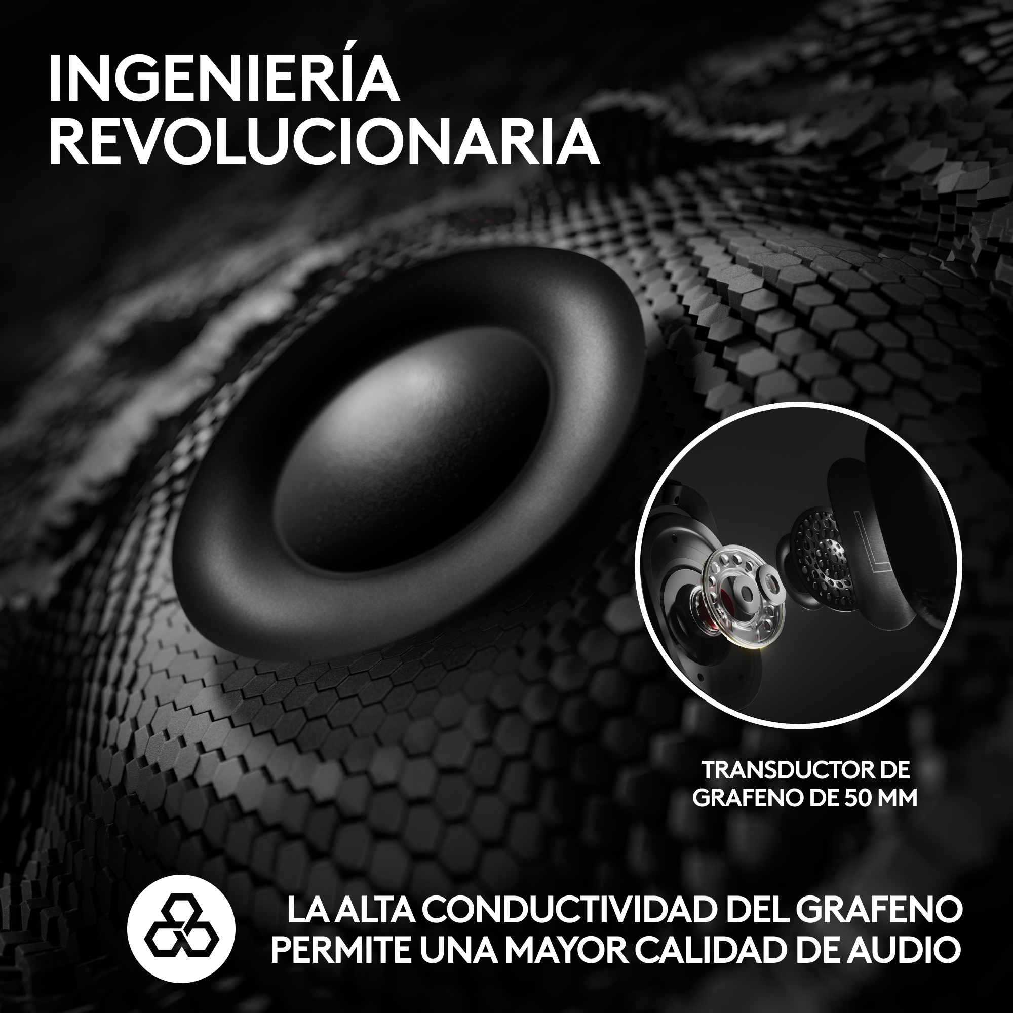 Una imagen de un componente de altavoz negro y texto en español, destacando la calidad de audio.