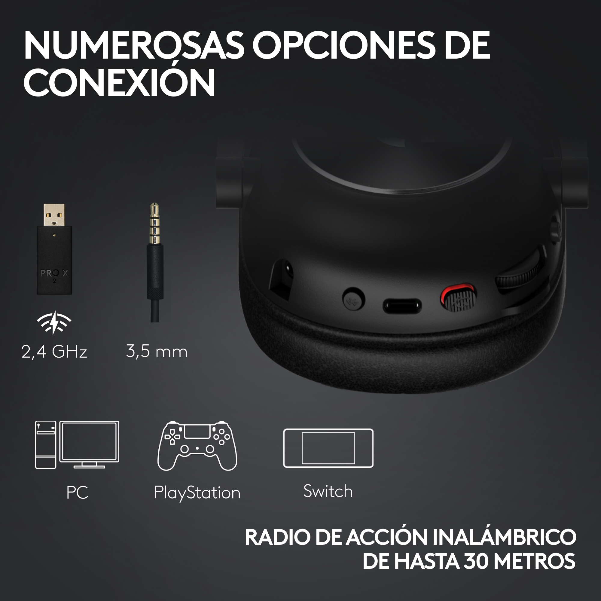 Auriculares con opciones de conexión: PC, PlayStation y Switch.