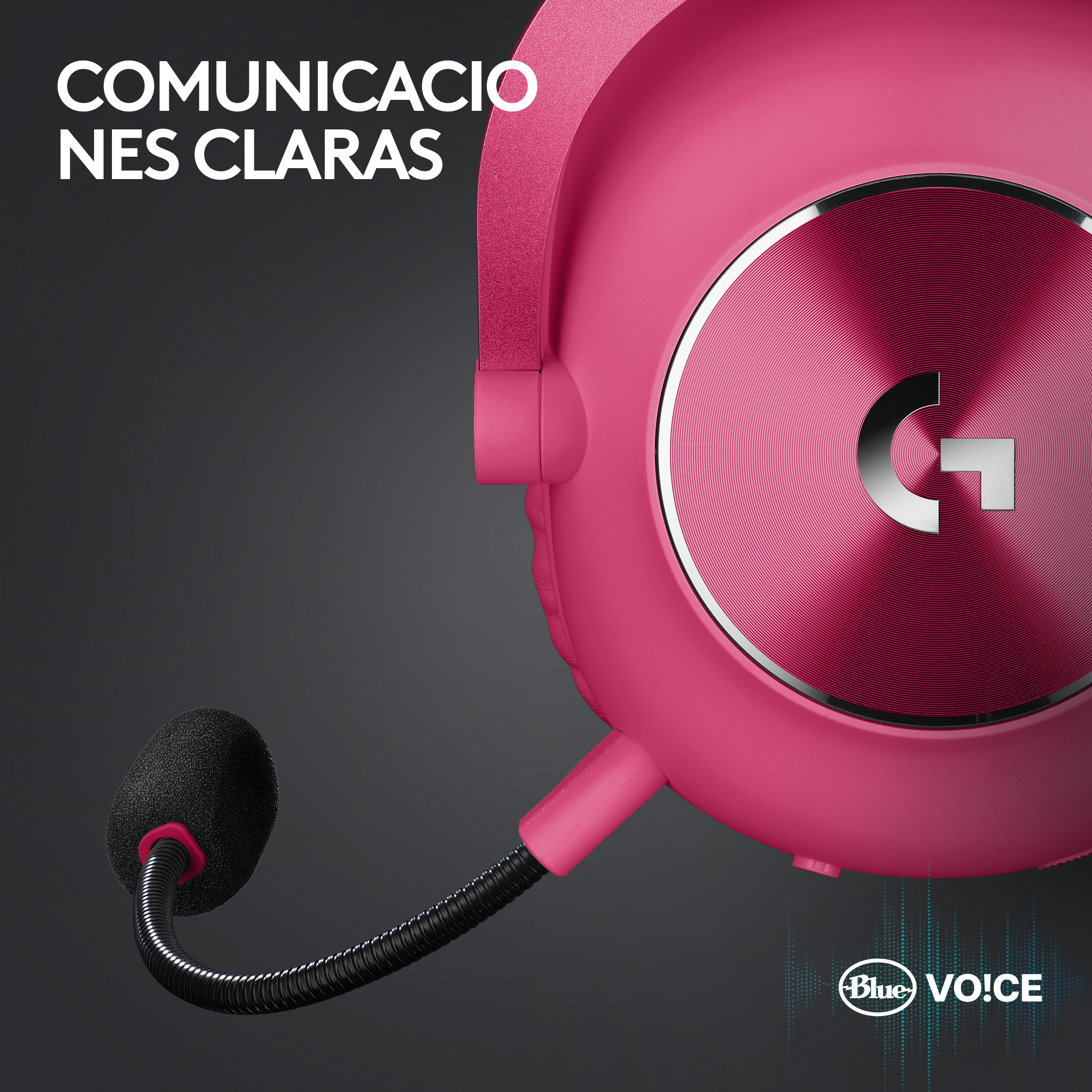 Auriculares rosas con micrófono, el texto dice 'COMUNICACIONES CLARAS'.