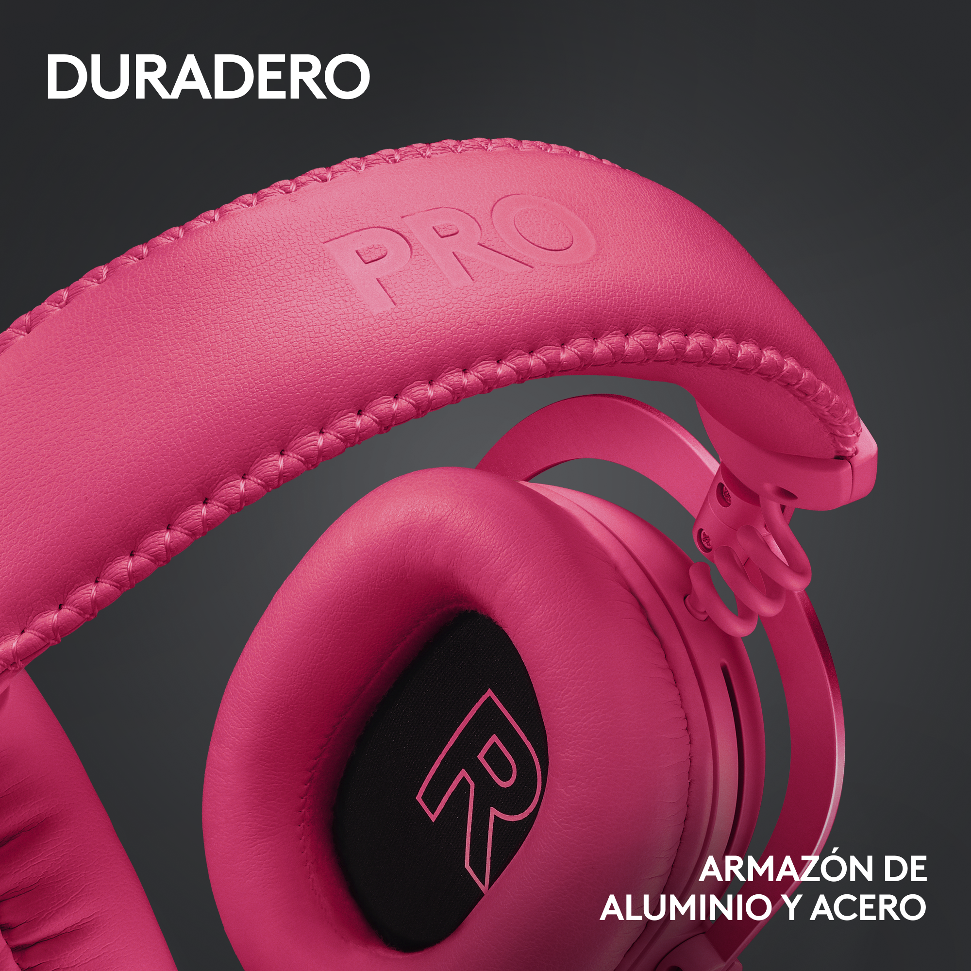 Auriculares rosas con la palabra PRO y el texto ARMZON DE ALUMINIO Y ACERO.