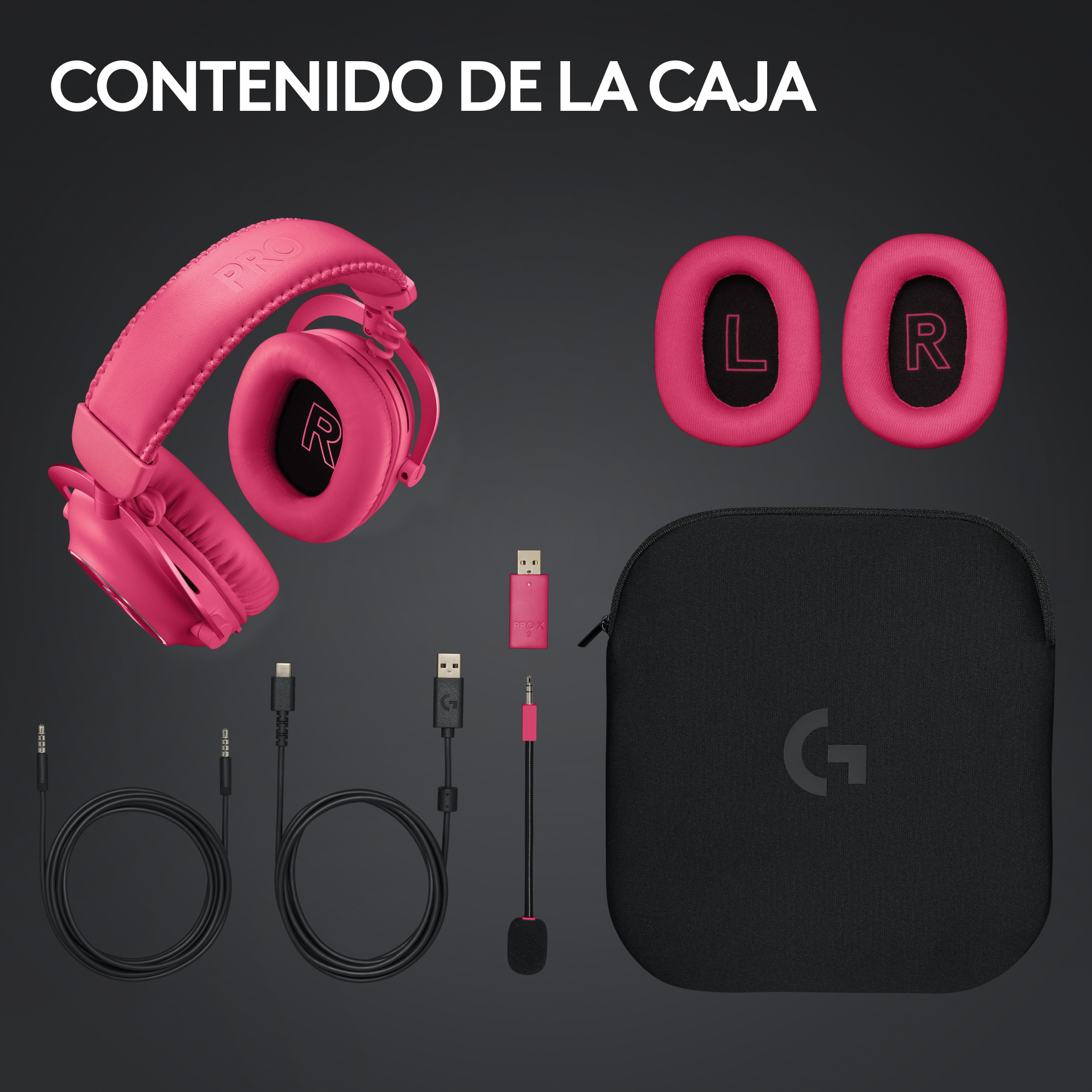 Auriculares gaming rosas con accesorios. Incluye almohadillas, cables y estuche.