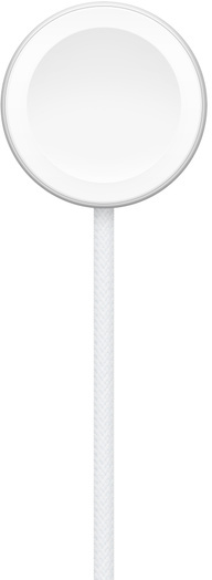 White circular Apple Watch charger with a white braided cable.