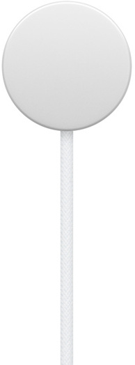 White Apple Watch charger with a white braided cable.