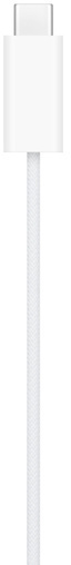 White charging cable, white connector, white background. Simple and clean.