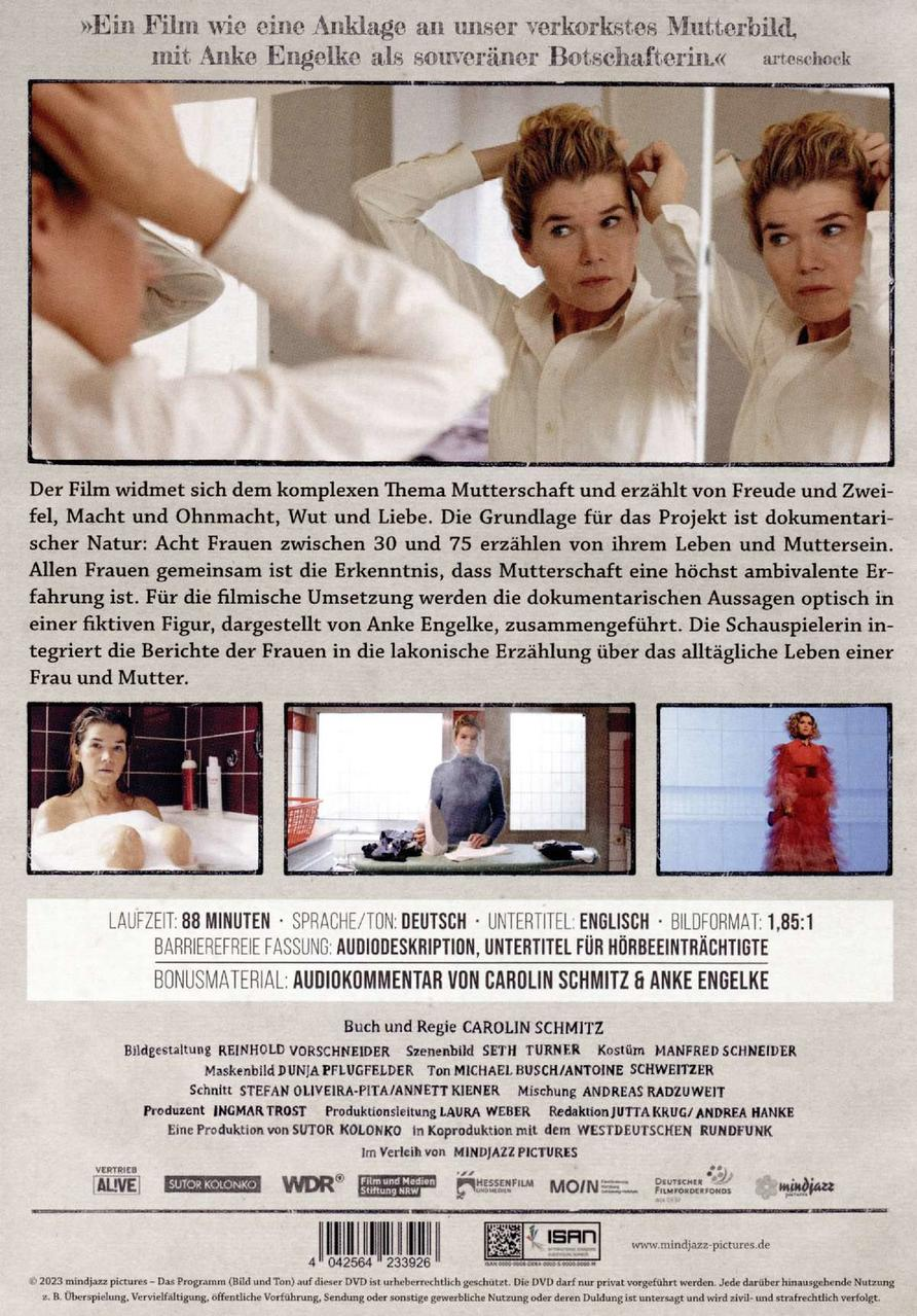 DVD-Cover mit dem Titel 'Muttersein'. Zeigt Anke Engelke und Informationen zum Film in Deutsch.