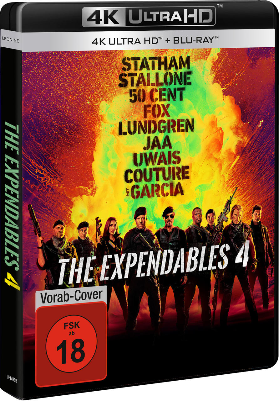 Filmcover für The Expendables 4. Mit Statham, Stallone, 50 Cent und anderen, mit 4K Ultra HD-Label.