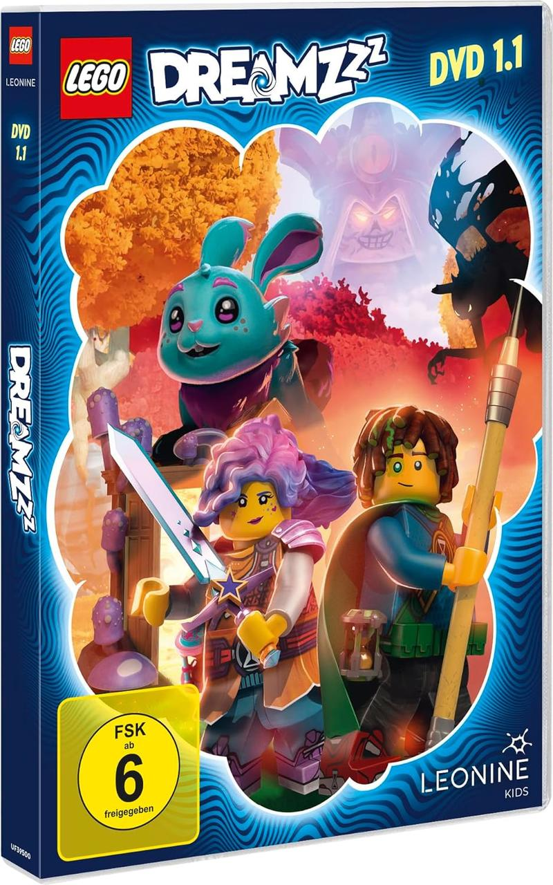 DVD-Box-Art für "LEGO DREAMZzz", mit Zeichentrickfiguren, einem Hasen und leuchtenden Farben.