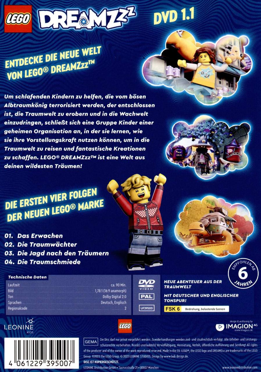 Rückseite der LEGO Dreamzzz DVD-Hülle. Zeigt LEGO-Charaktere und -Szenen. Text auf Deutsch. Die DVD ist für Kinder.