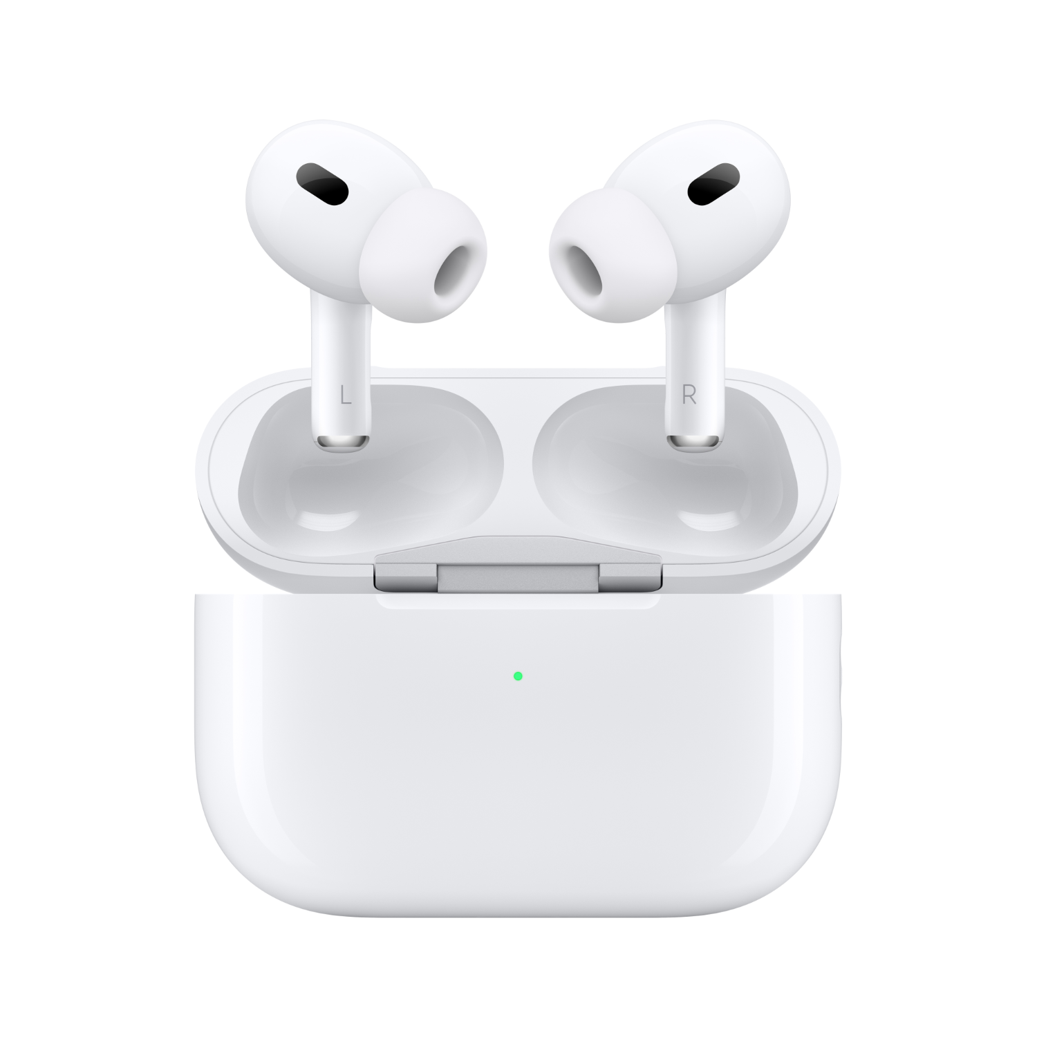 White Apple AirPods Pro 2nd generation earphones with a charging case, on a white background.