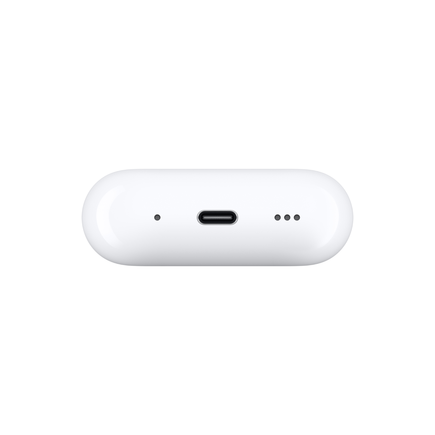 White charging case, top view. USB-C port, and charging lights are visible.
