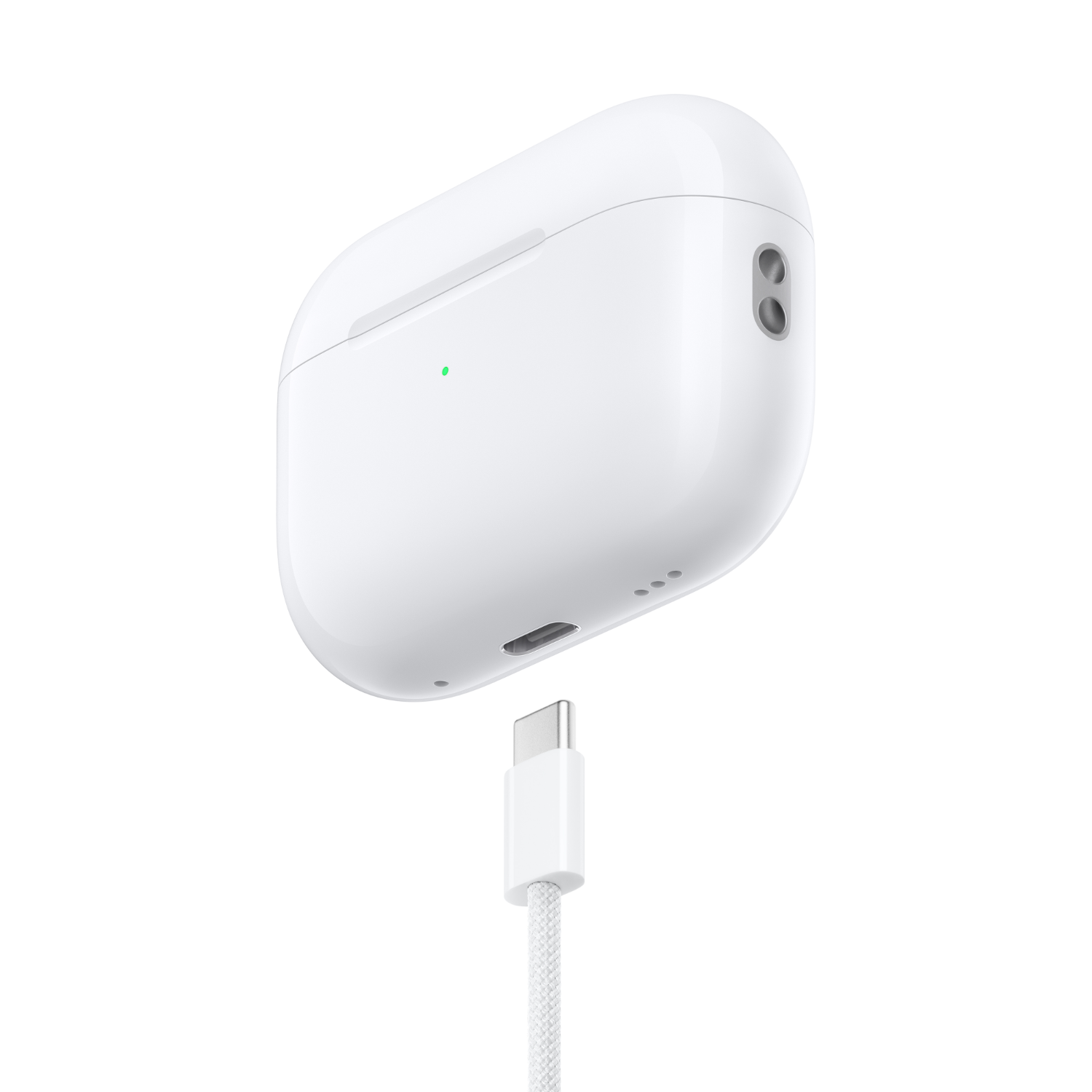 White earbuds case with a charging cable connected, set against a white backdrop.
