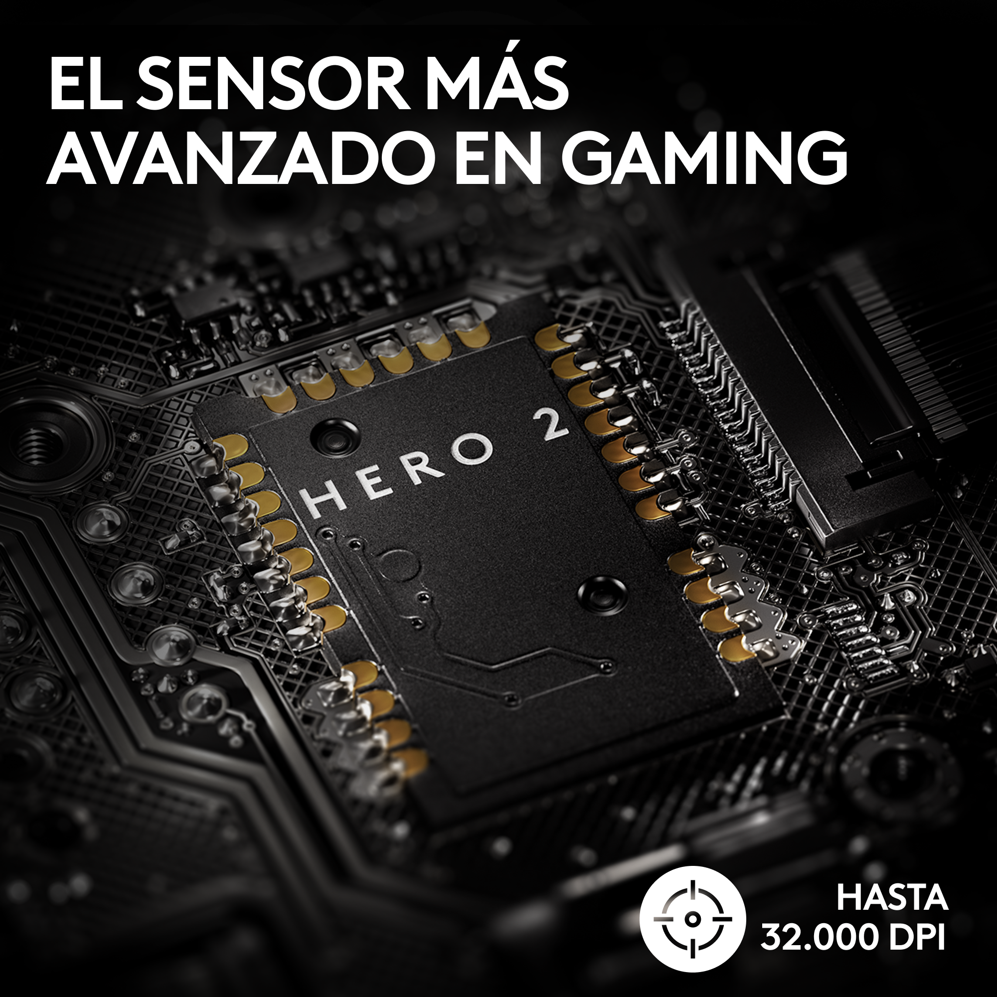 Primer plano de una placa de circuito negro con chip 'HERO 2' y texto.