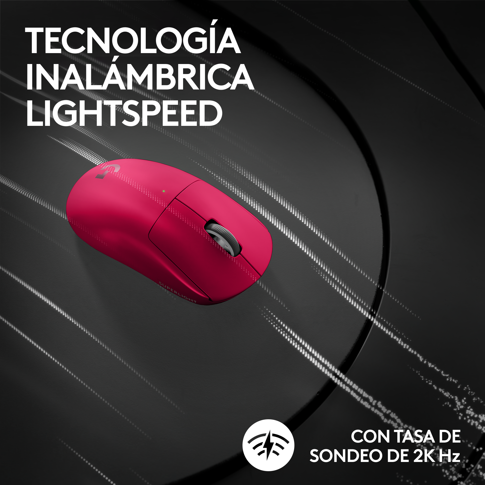Ratón inalámbrico rojo con texto 'LIGHTSPEED' y '2K Hz' sobre fondo negro.