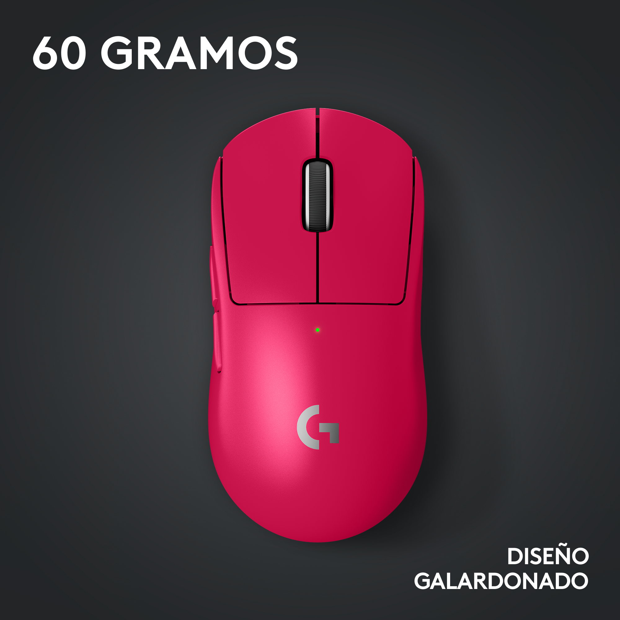 Ratón inalámbrico rosa, fondo negro, texto '60 GRAMOS' y 'DISEÑO GALARDONADO'.